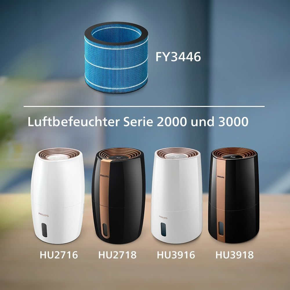 Un filtro de aire azul y cuatro humidificadores en blanco y negro.