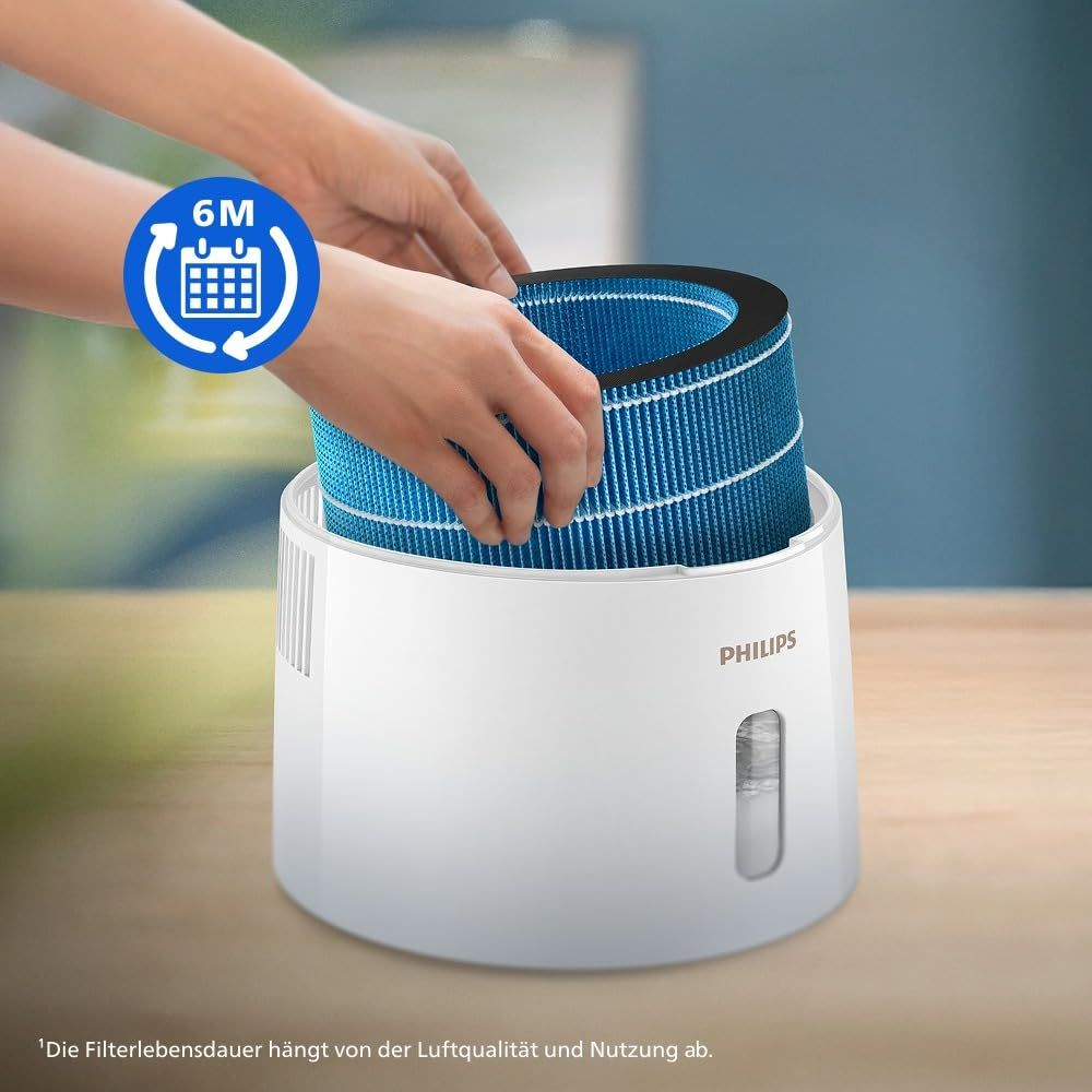 Manos insertan filtro azul en purificador de aire Philips blanco. Icono 6M.