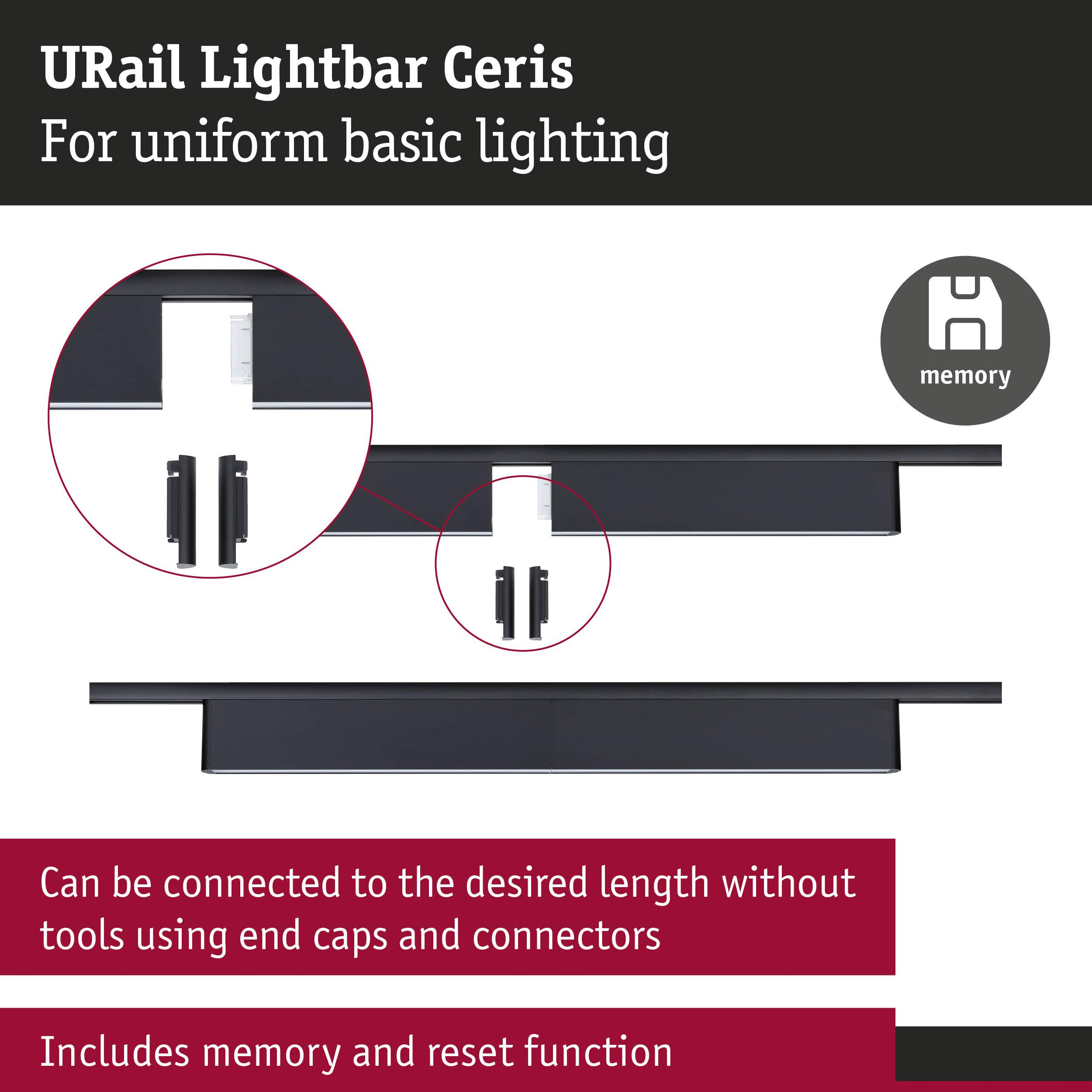 URail Lichtleiste Ceris mit Speicherfunktion. Werkzeuglose Montage.