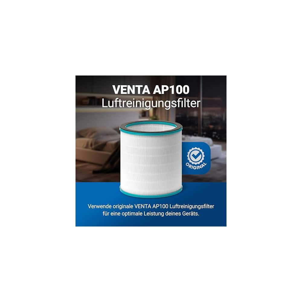 Ein Venta AP100 Luftfilter mit blauen Akzenten steht auf einem blauen Untergrund.