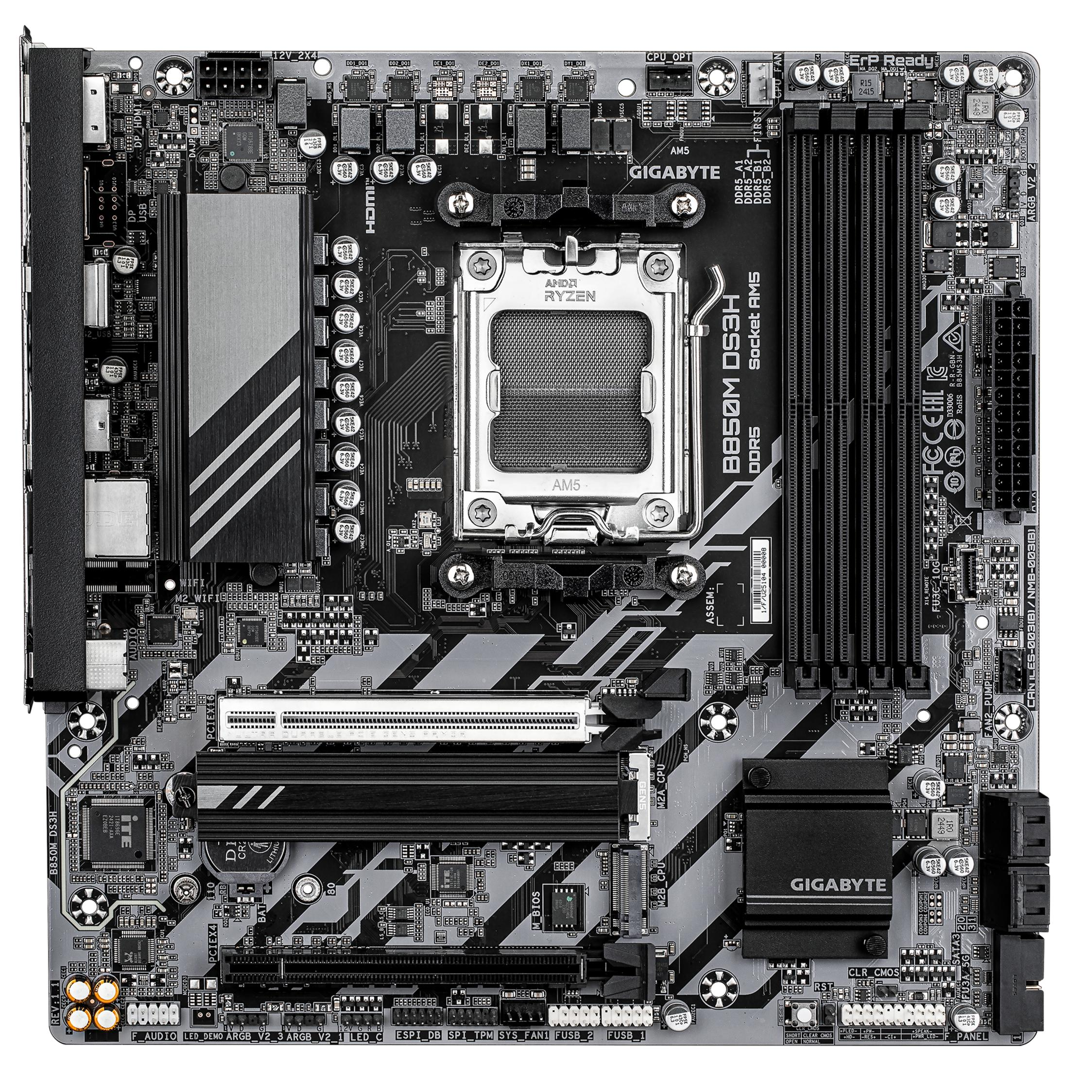 Czarna płyta główna Gigabyte B850M DS3H AMD Ryzen z wieloma złączami.