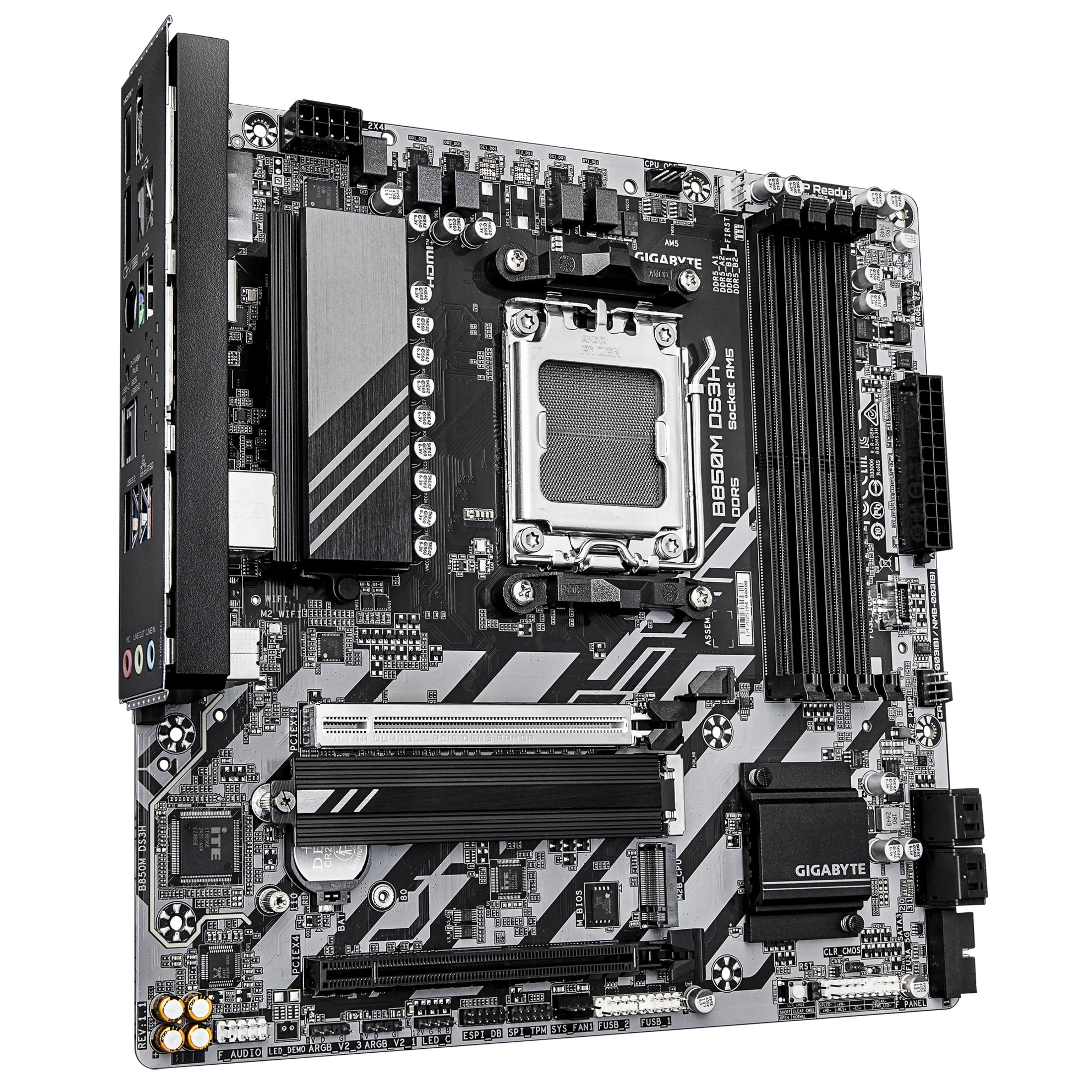 Czarna płyta główna Gigabyte B850M DS3H ze srebrnymi akcentami i gniazdem CPU.