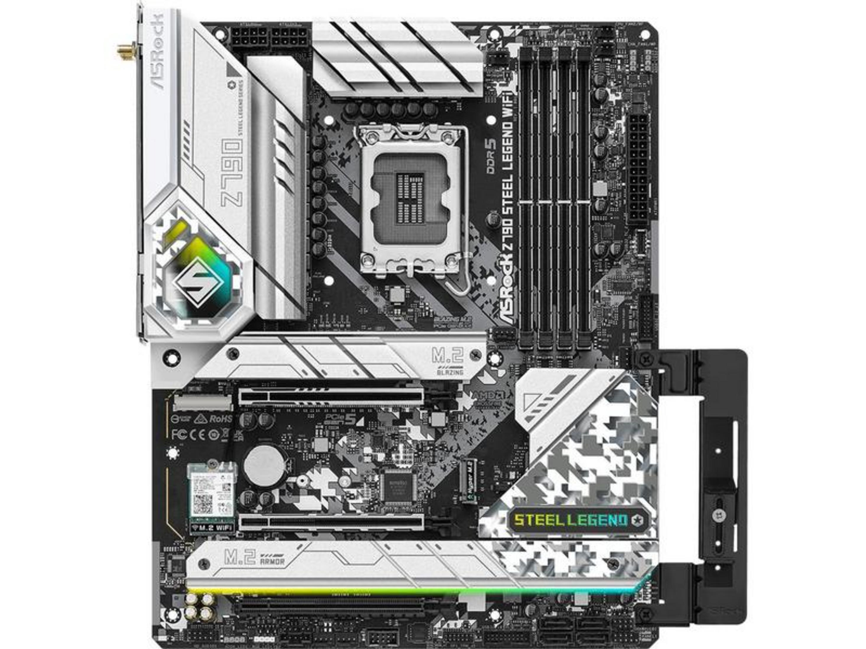 Płyta główna ASRock Z790 Steel Legend WiFi z srebrnymi radiatorami i oświetleniem RGB.