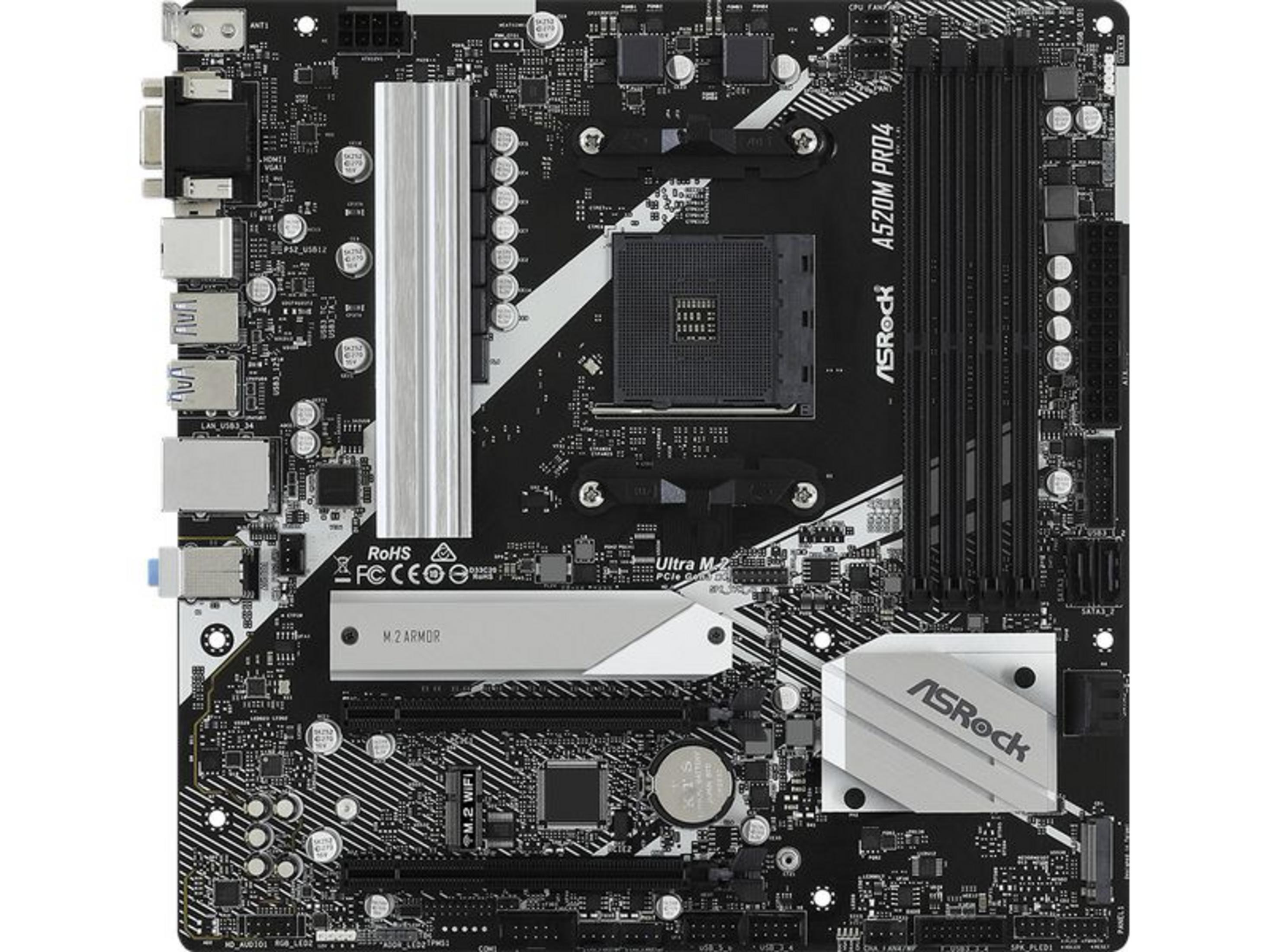 Płyta główna ASRock A520M PRO4 z gniazdem CPU, slotami RAM i portami.