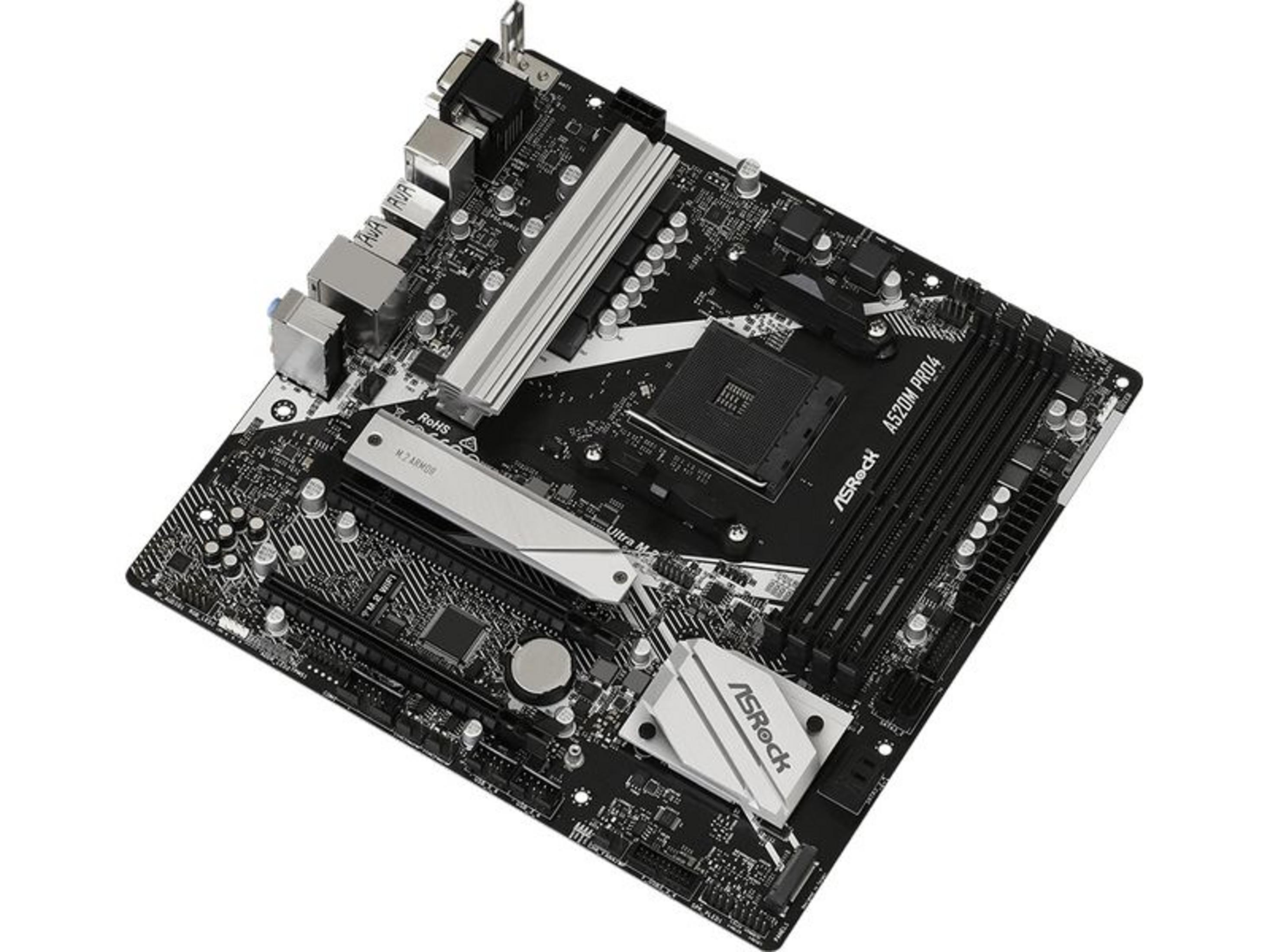 Płyta główna ASRock A520M PRO4 z srebrnymi radiatorami i czarnymi złączami.