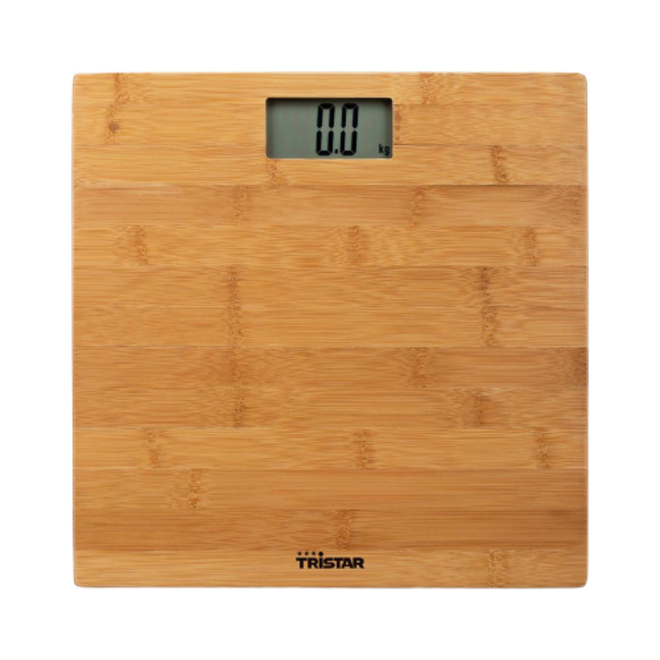 Drewniana waga łazienkowa cyfrowa pokazująca 0,0 kg.