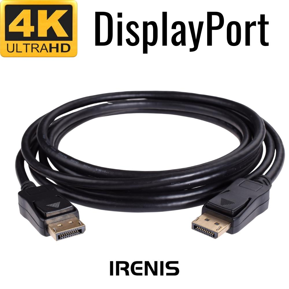 4K Ultra HD logosu ve Irenis yazısı bulunan siyah DisplayPort kablosu.