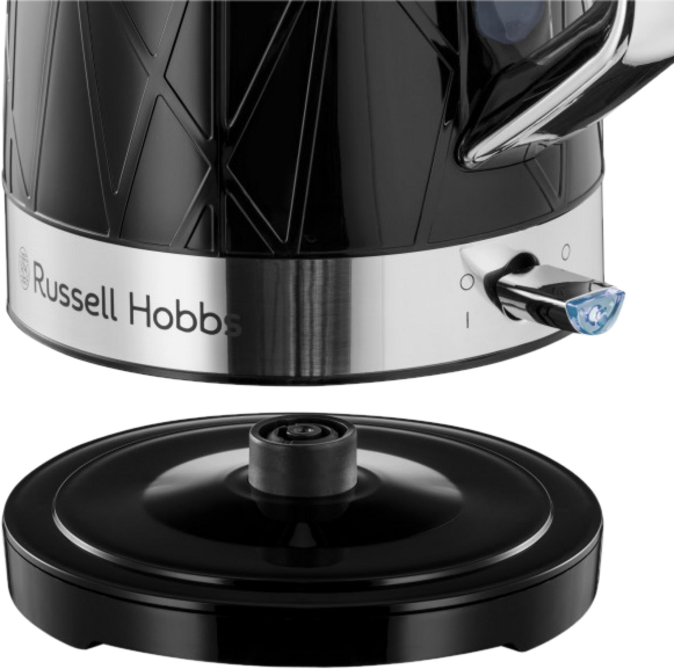Bouilloire noire à motif géométrique, logo Russell Hobbs et lumière bleue.