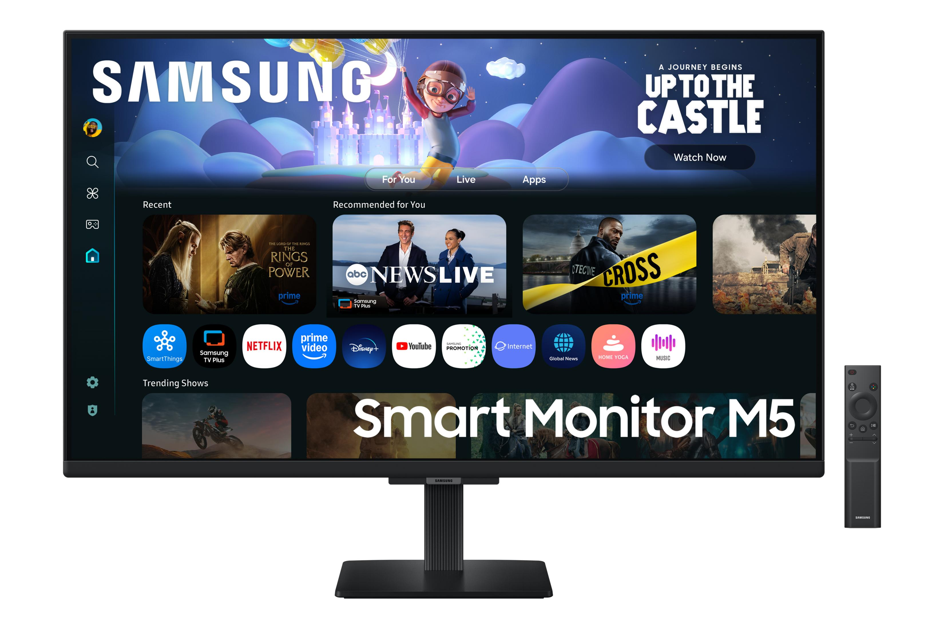 Samsung Smart Monitor M5 z pilotem, wyświetlający aplikacje i programy.