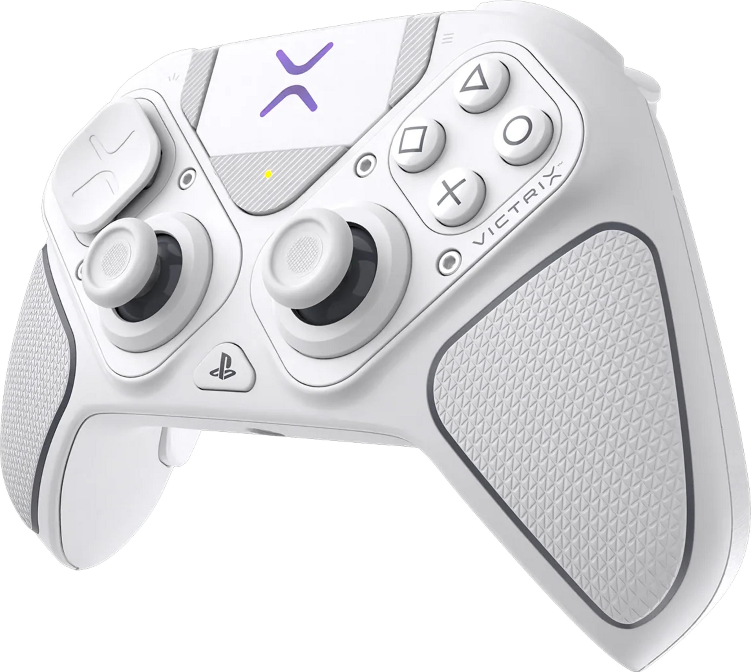 Un controller da gioco bianco con due joystick, pulsanti e un logo viola.