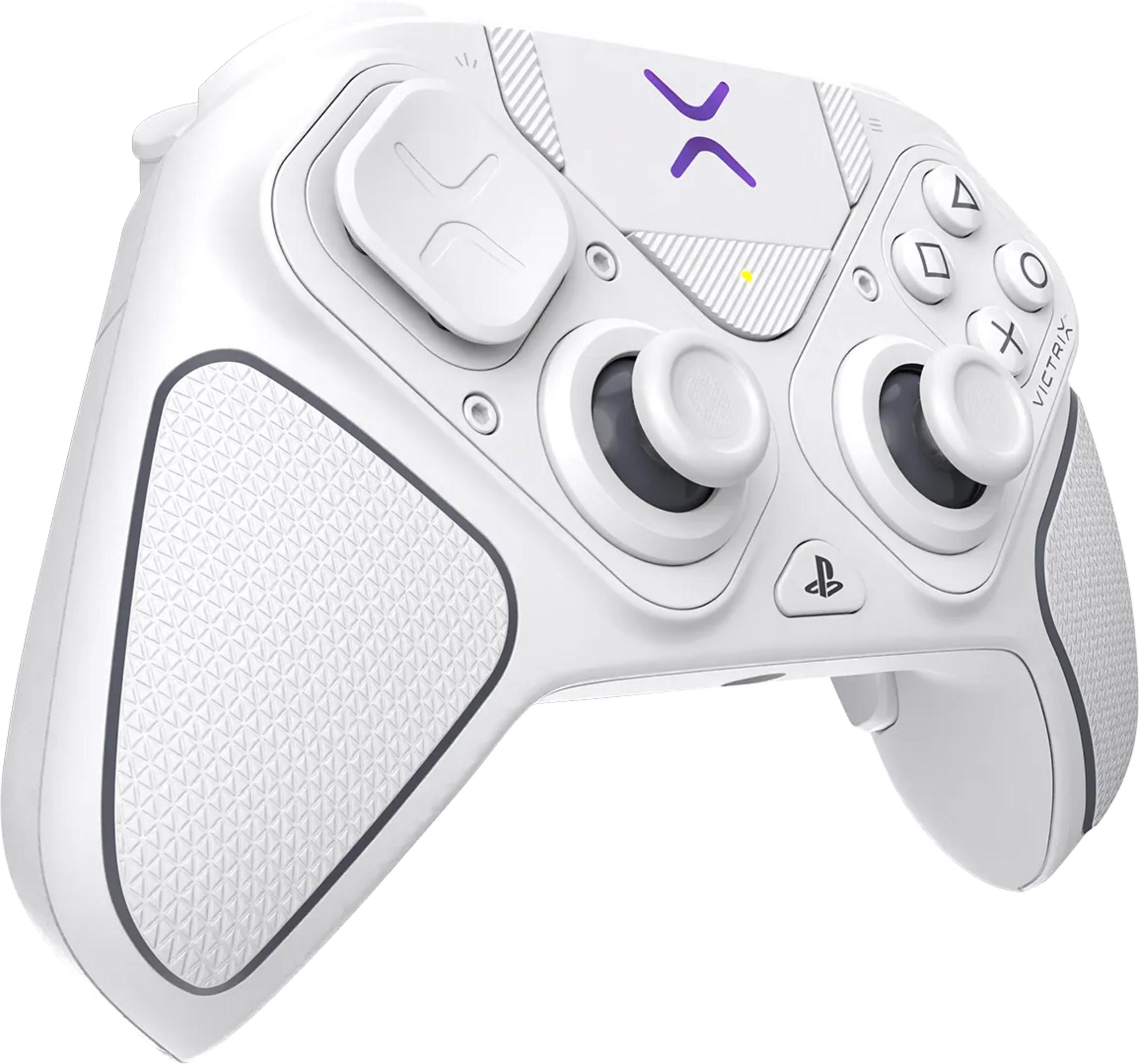 Un controller da gioco bianco con due joystick, pulsanti e un logo viola.