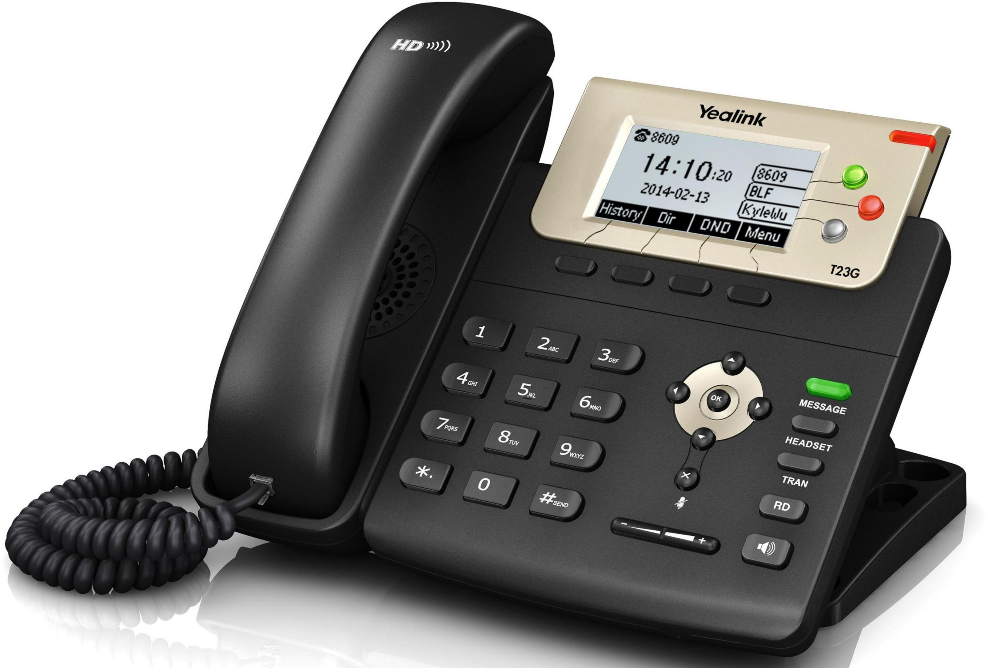 Un telefono da scrivania Yealink T23G nero con cavo a spirale e schermo.