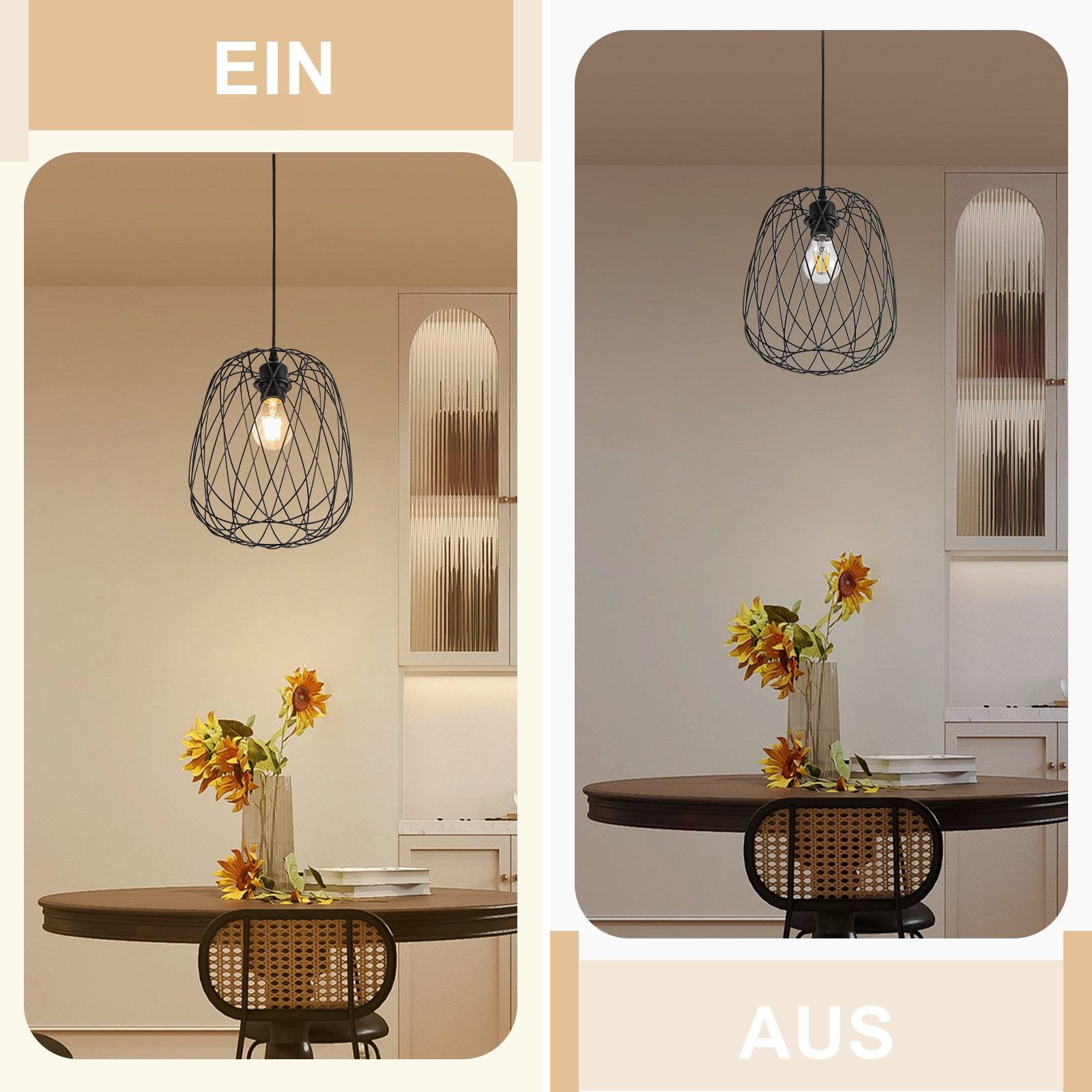 Ein Esstisch mit Blumen und einem schwarzen Pendelleuchter.