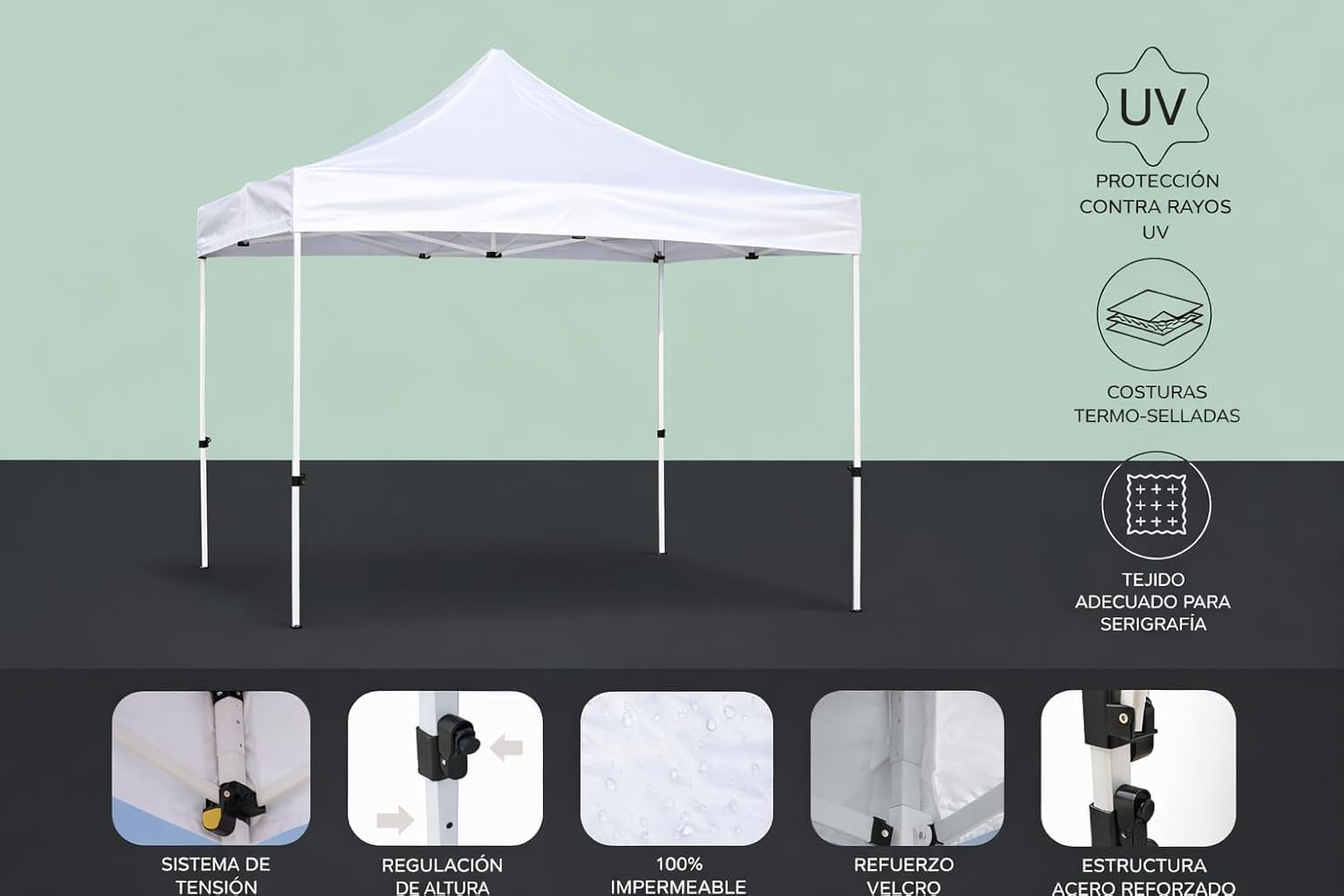 Una carpa plegable blanca con estructura de acero, protección UV y tela.