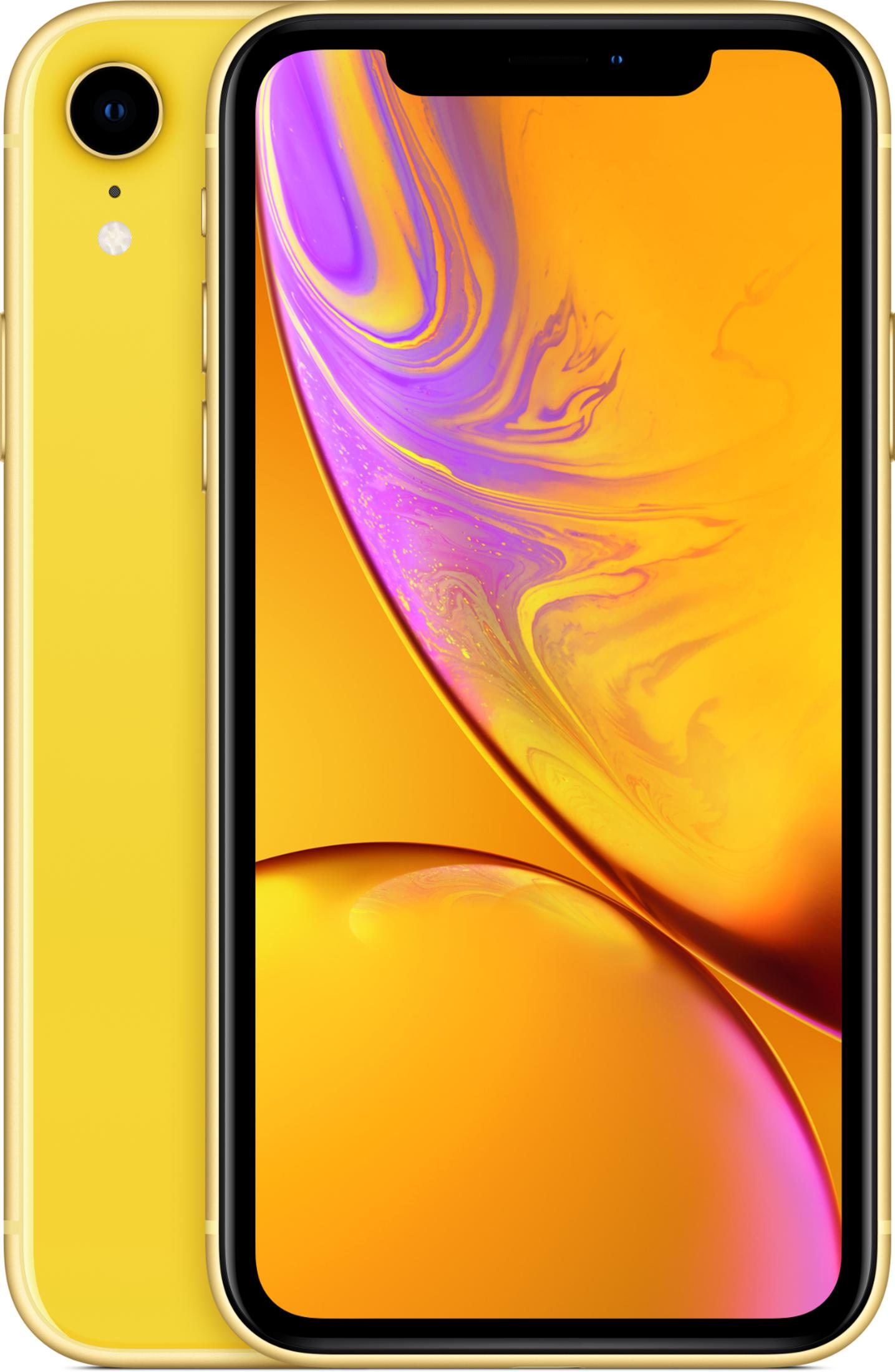 Een gele iPhone XR met een kleurige achtergrond op het scherm.