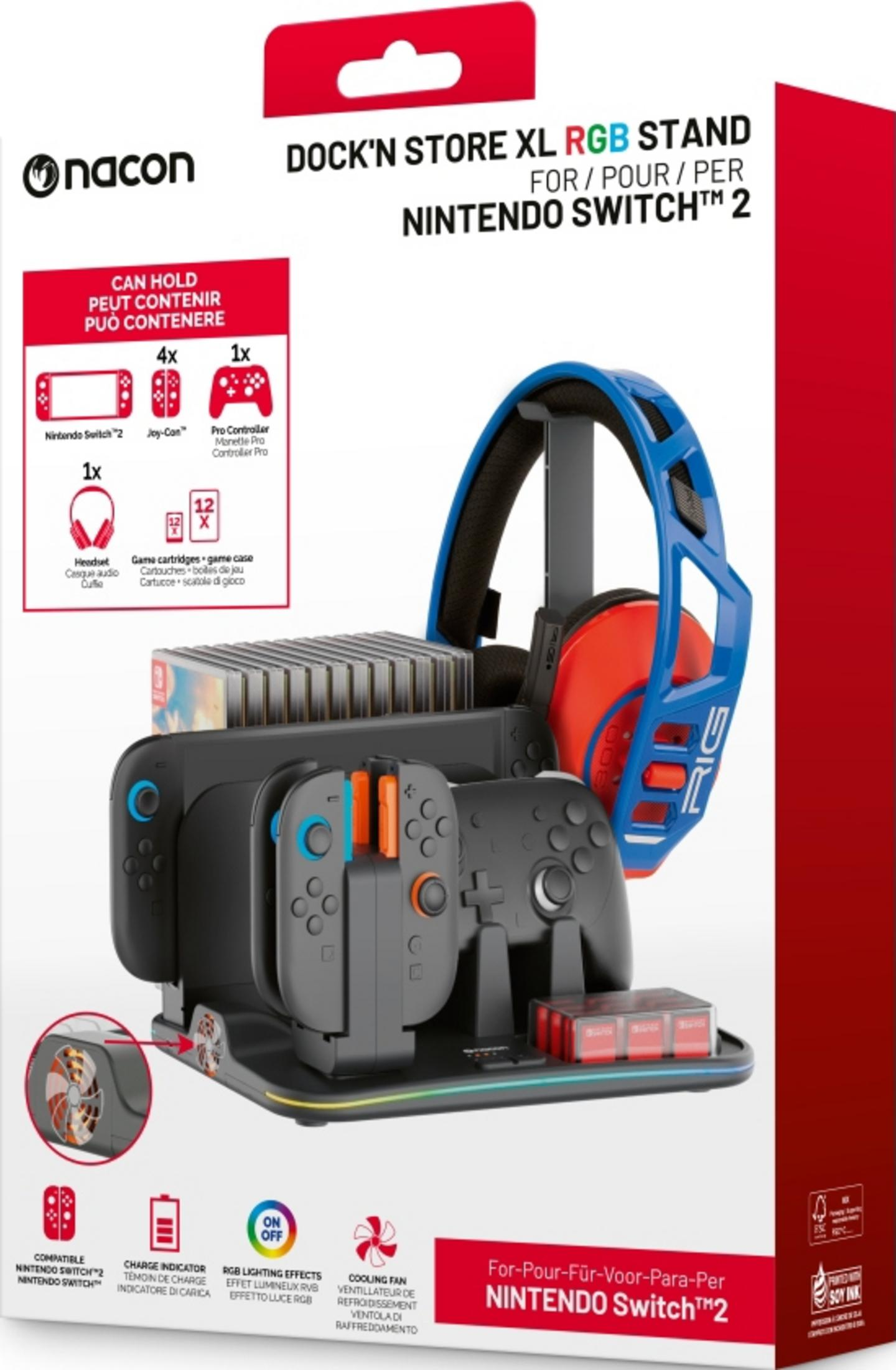 Soporte Nacon Dock'n Store XL RGB para Nintendo Switch 2 con mandos, auriculares y juegos.