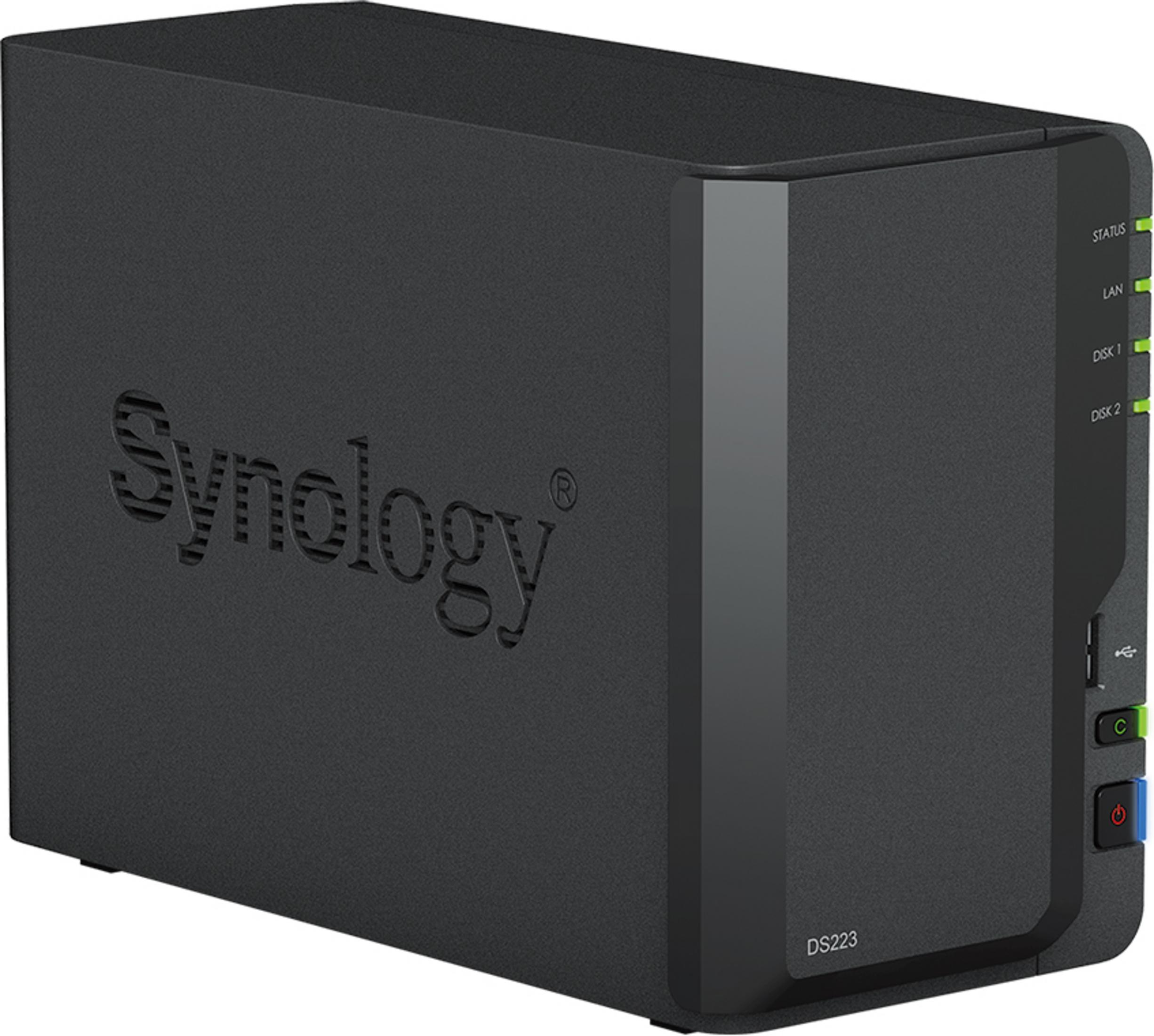 Un dispositivo NAS Synology DS223 nero con LED di stato.