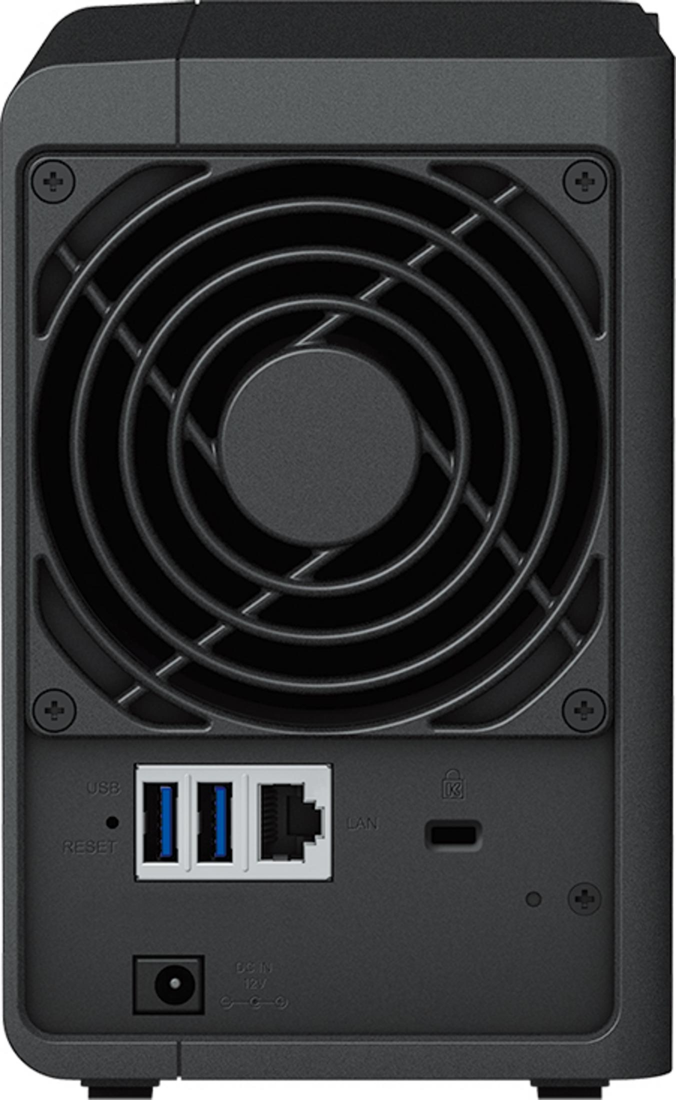 Retro di un NAS nero con ventola, porte USB, LAN e ingresso alimentazione.
