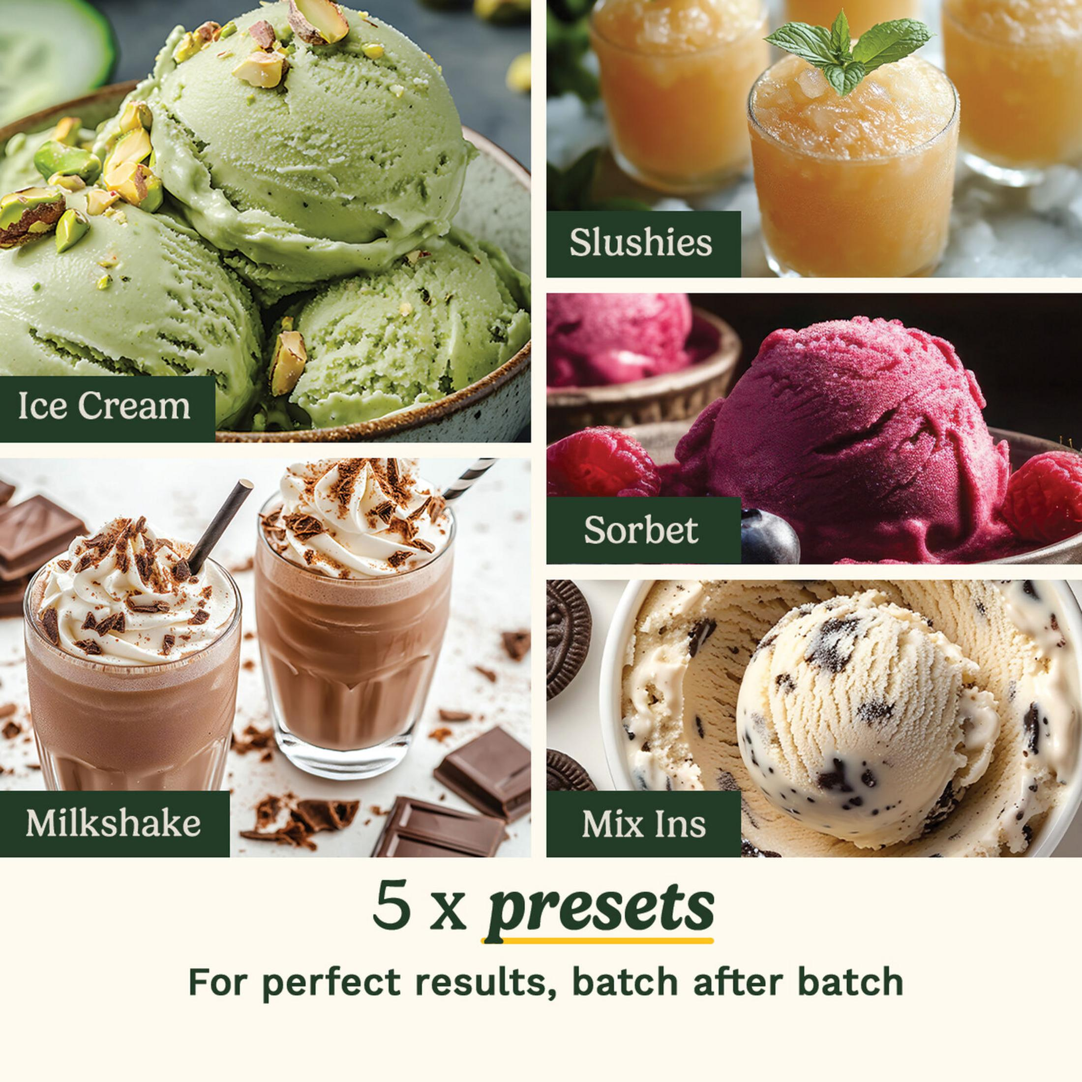 Gelato al pistacchio, granite, sorbetto, milkshake e mix-in sono mostrati.