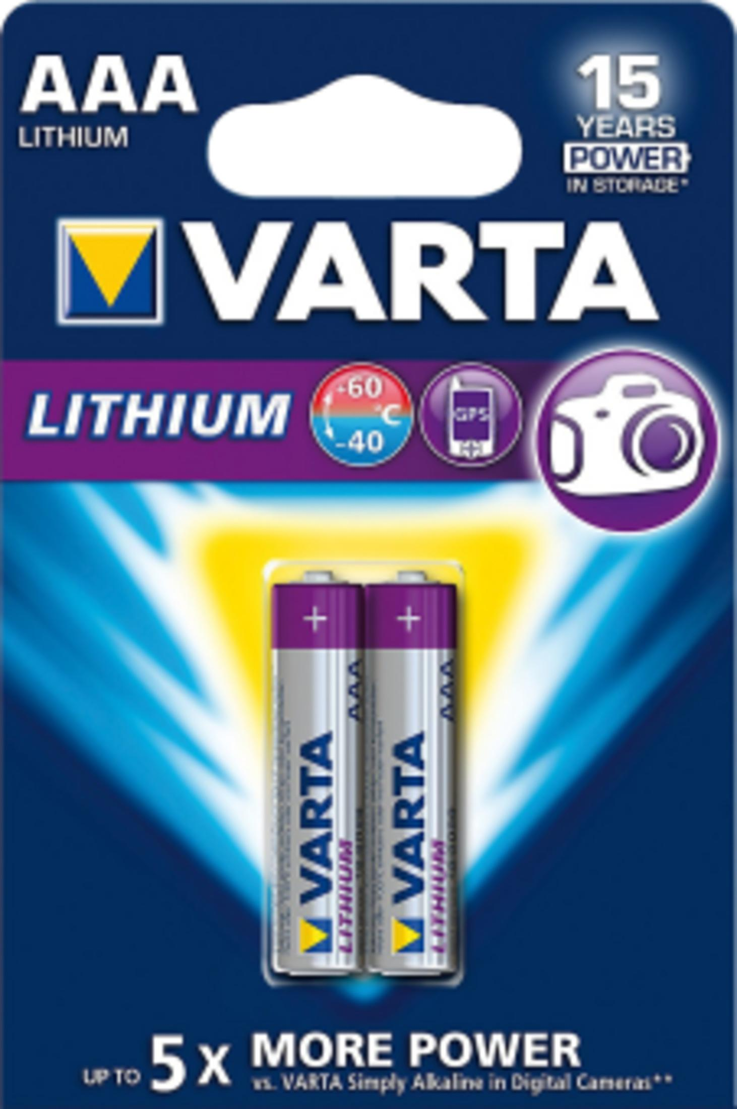 Varta AAA Lithium batteries with 15 years power in storage and 5x more power.