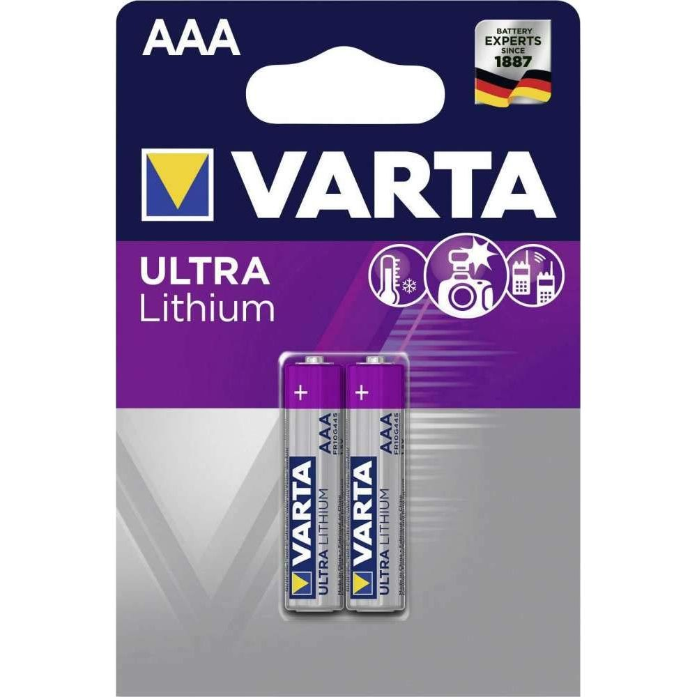 Varta AAA Ultra Lithium batteries in a twin pack, with symbols for temperature and cameras.
