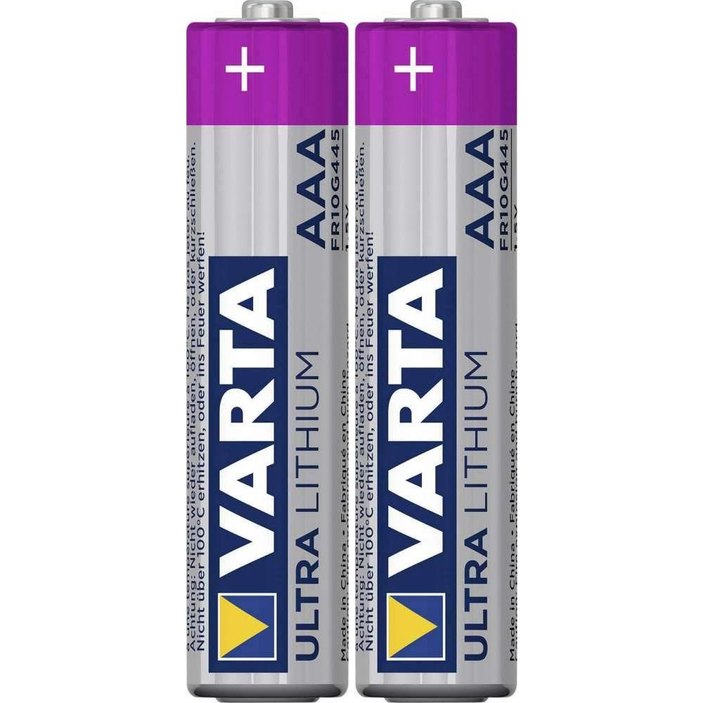 Two Varta AAA Ultra Lithium batteries with a plus symbol on top.