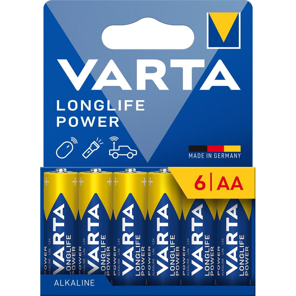 Confezione da sei batterie Varta Longlife Power AA, gialle e blu.