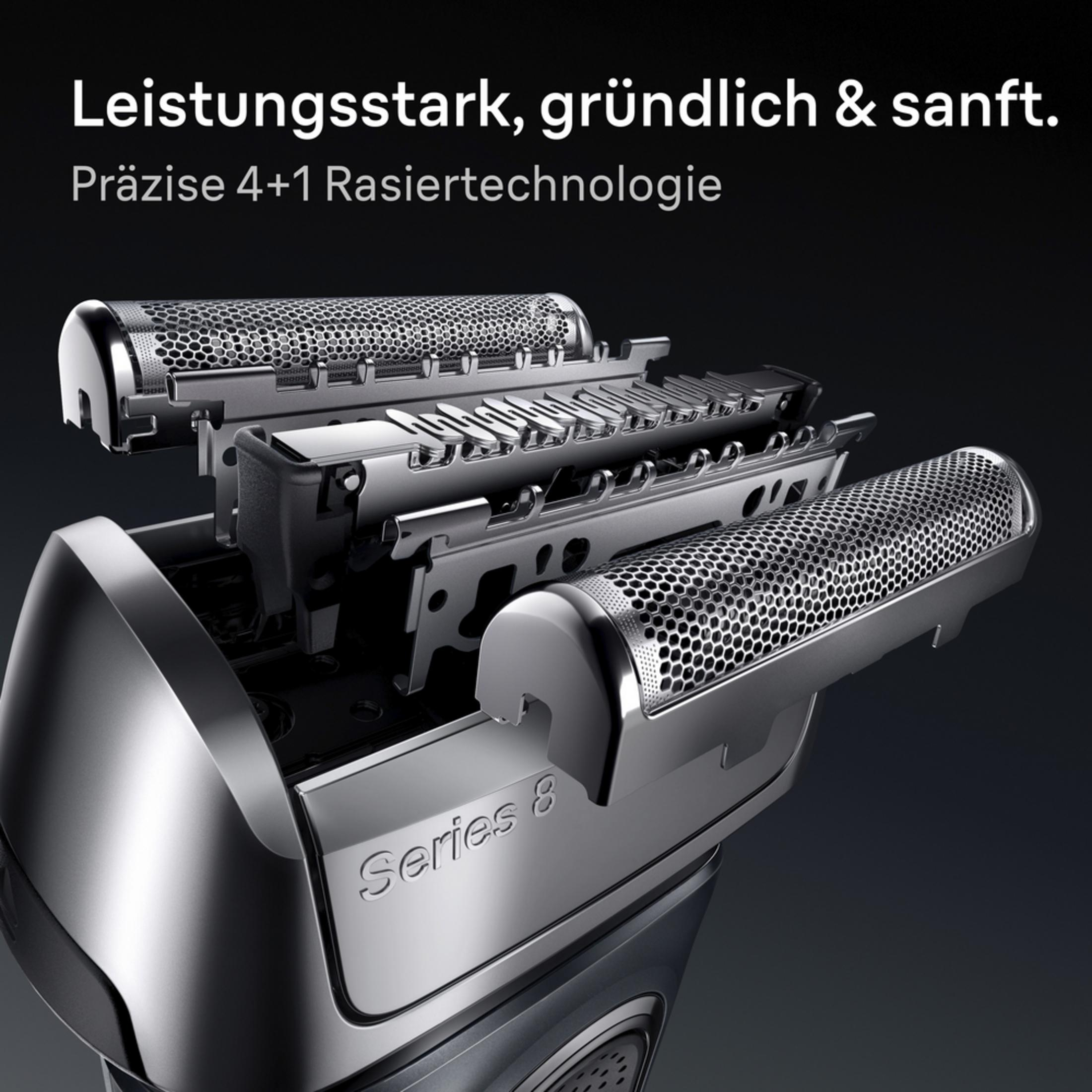 Primo piano di un rasoio elettrico argento con lame esposte e logo "Series 8".