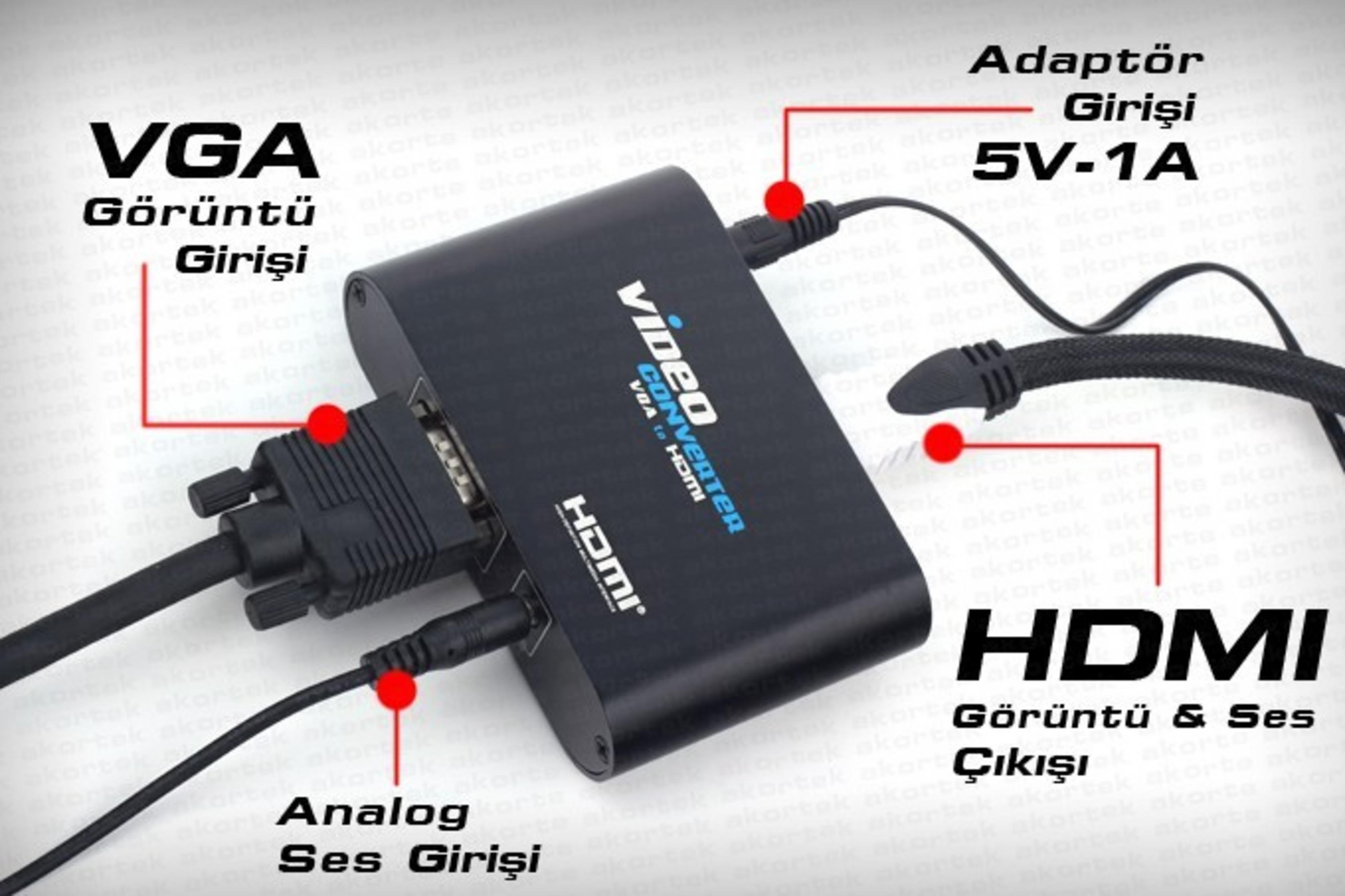Kabloları takılı siyah bir VGA - HDMI dönüştürücü.