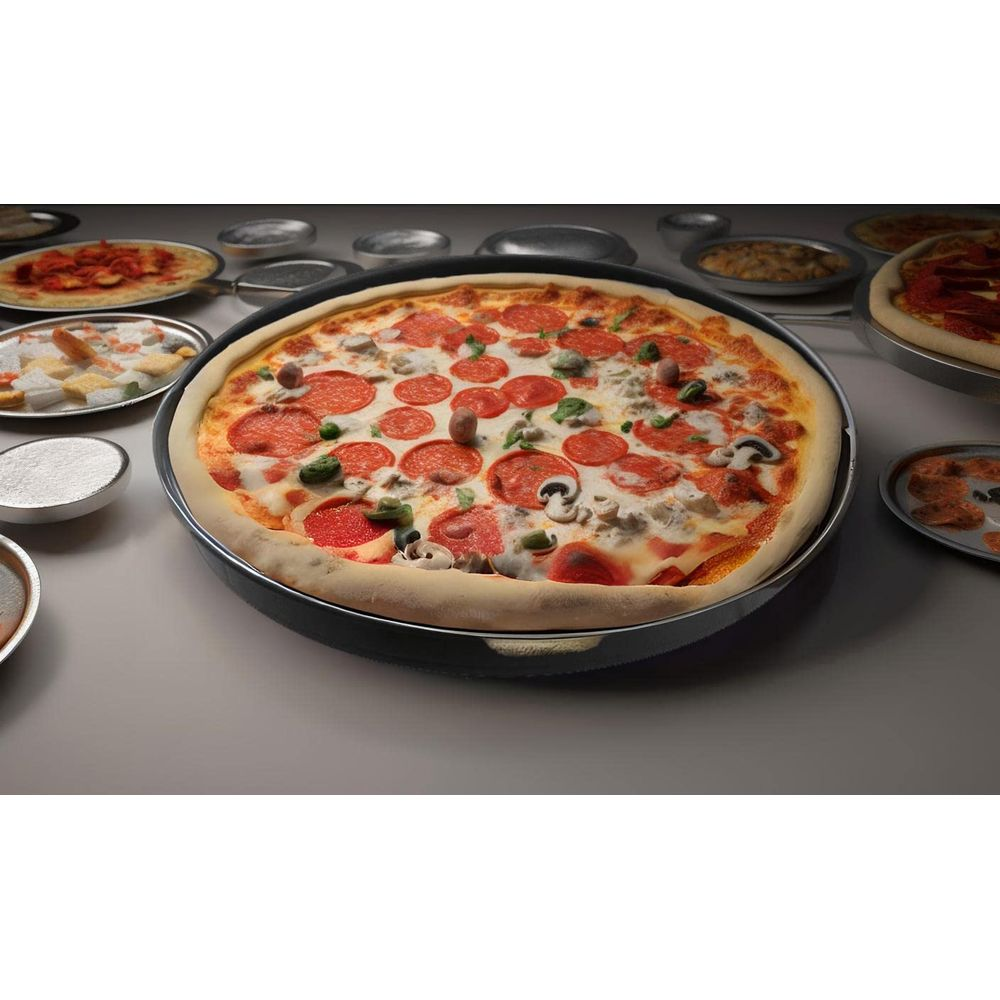 Eine Pepperoni-Pizza mit Pilzen und Oliven in einer Pfanne, umgeben von anderen Pizzen.