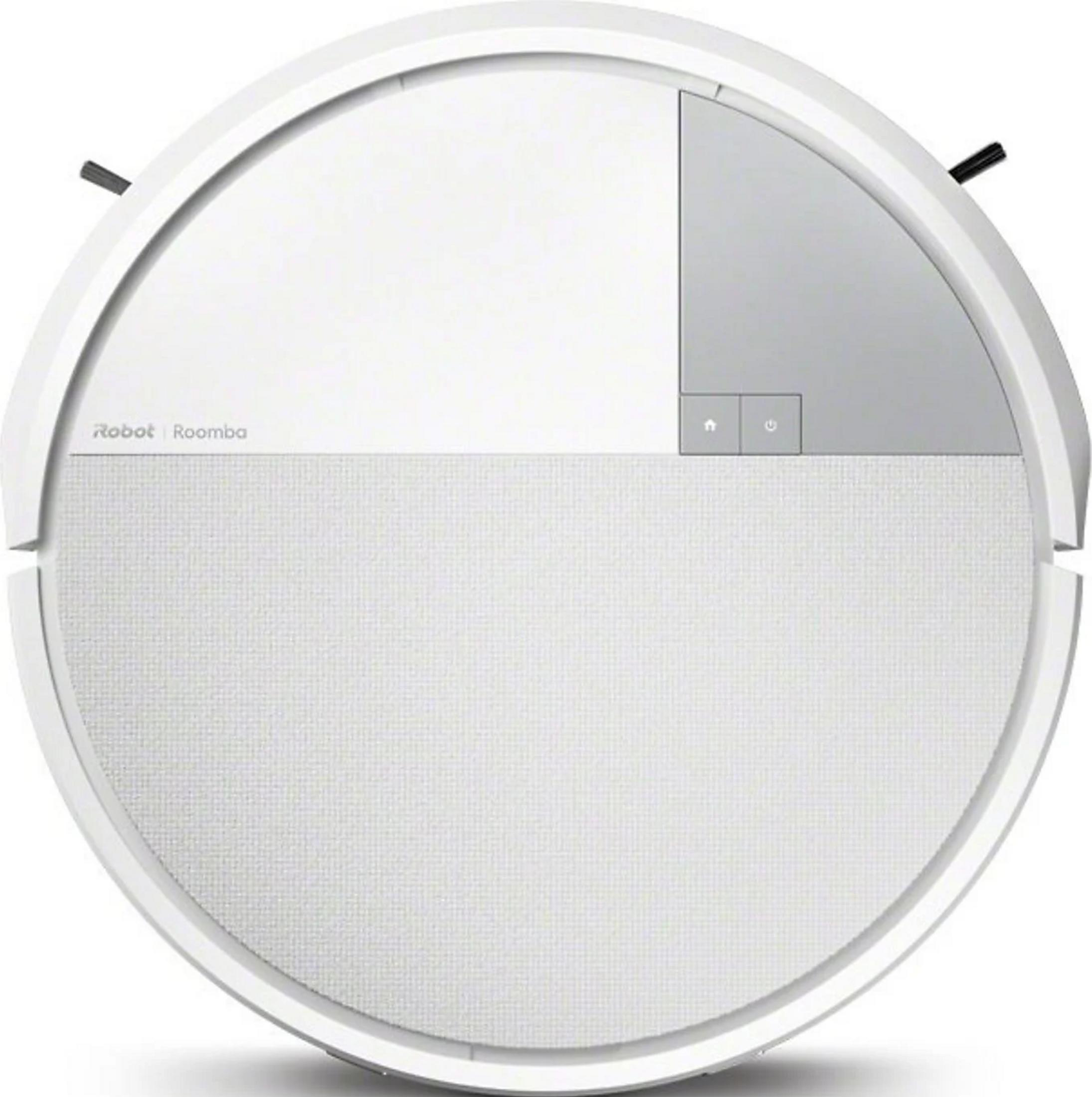 Biały, okrągły robot sprzątający z szarymi akcentami i przyciskami.