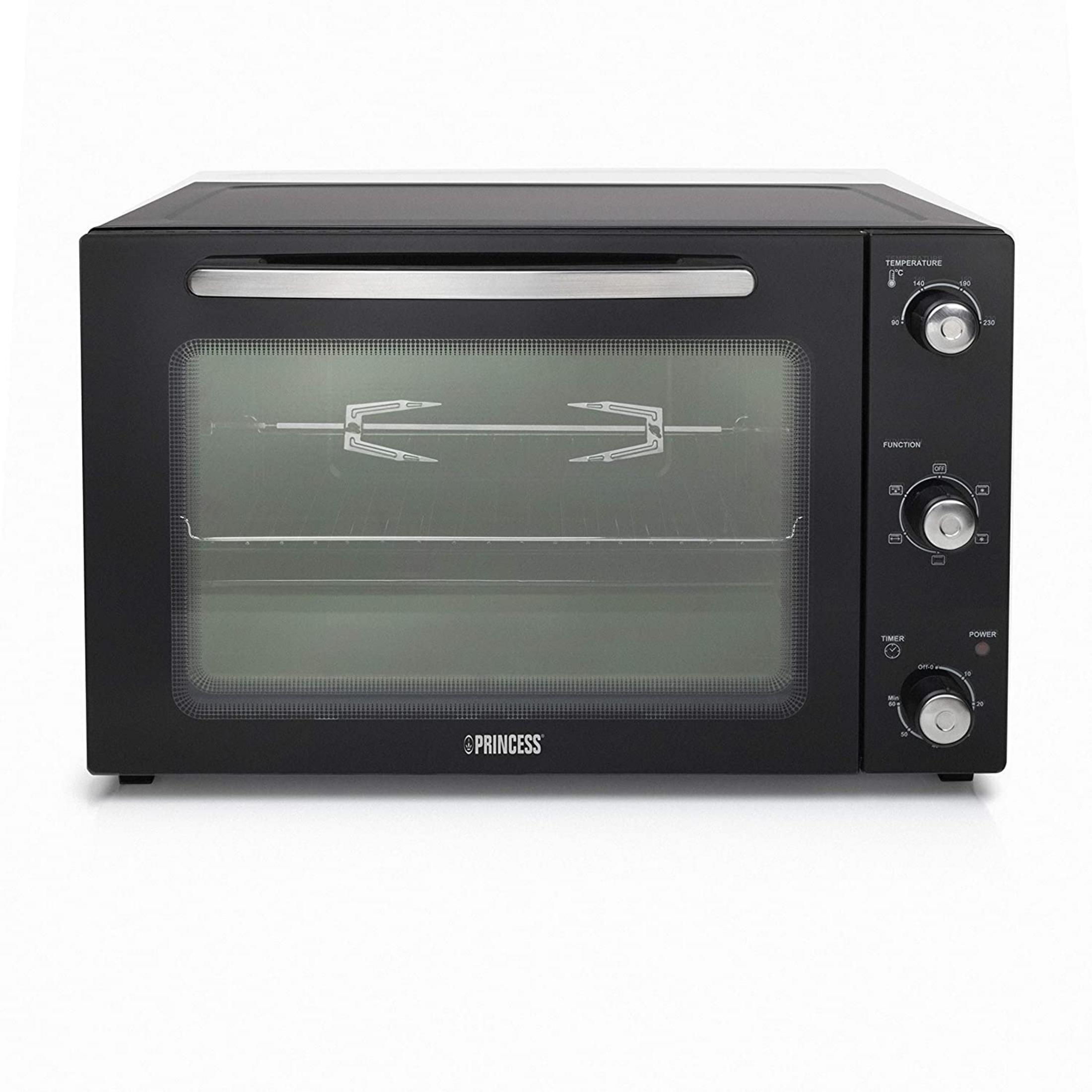 Forno da banco nero con girarrosto e manopole. Marca: PRINCESS.