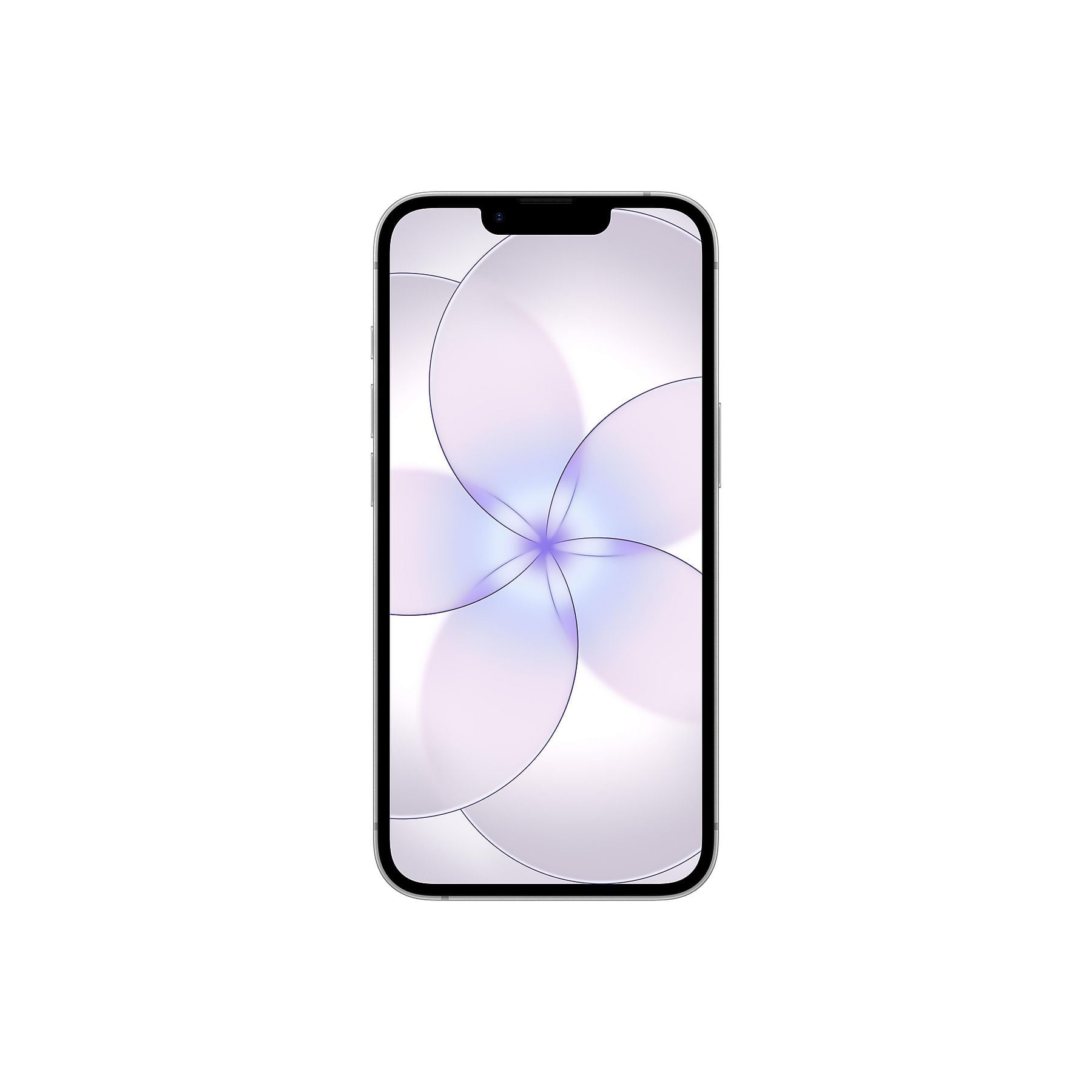 Srebrny smartfon z wzorem fioletowych i białych kół na ekranie.