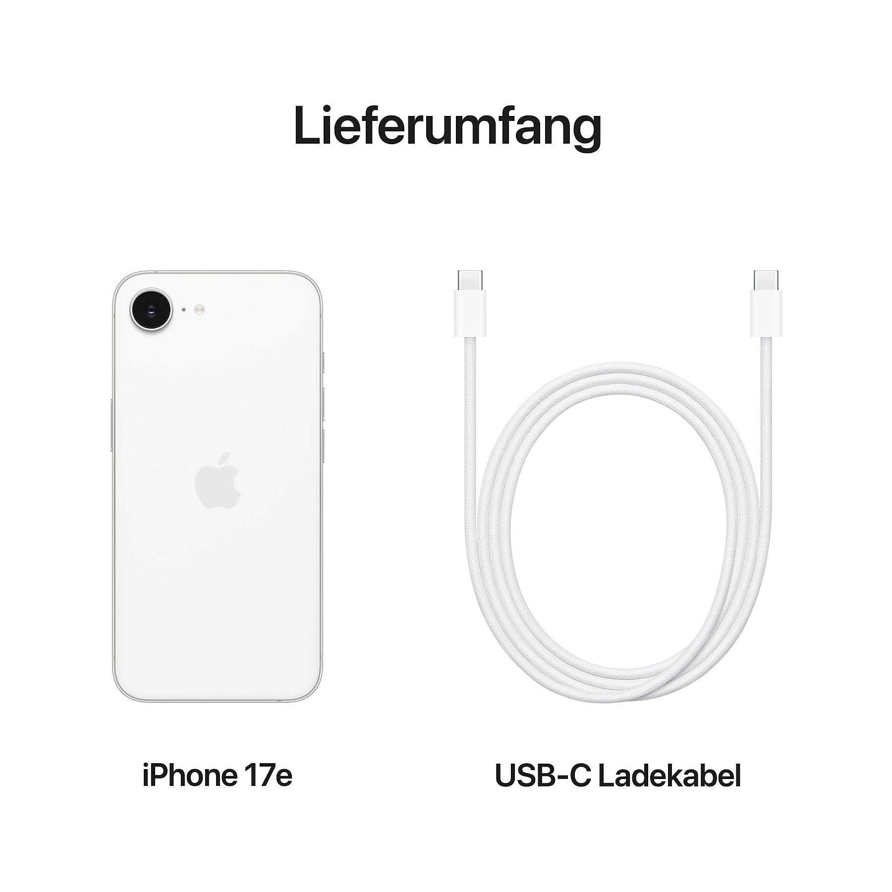 Biały iPhone 17e i biały kabel ładujący USB-C na białym tle.