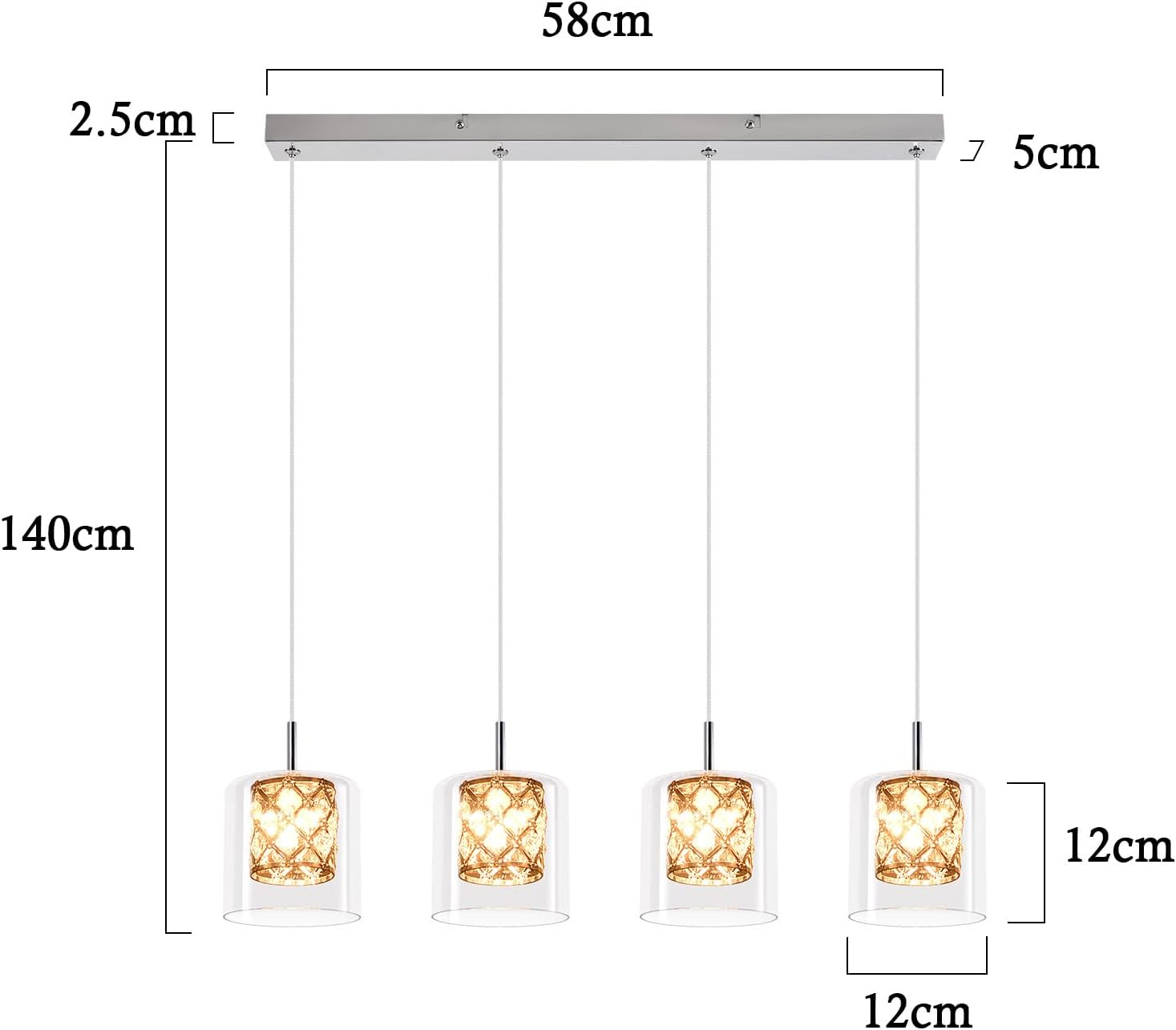 Luz de techo con cuatro lámparas colgantes de cristal, con patrón de celosía dorada.