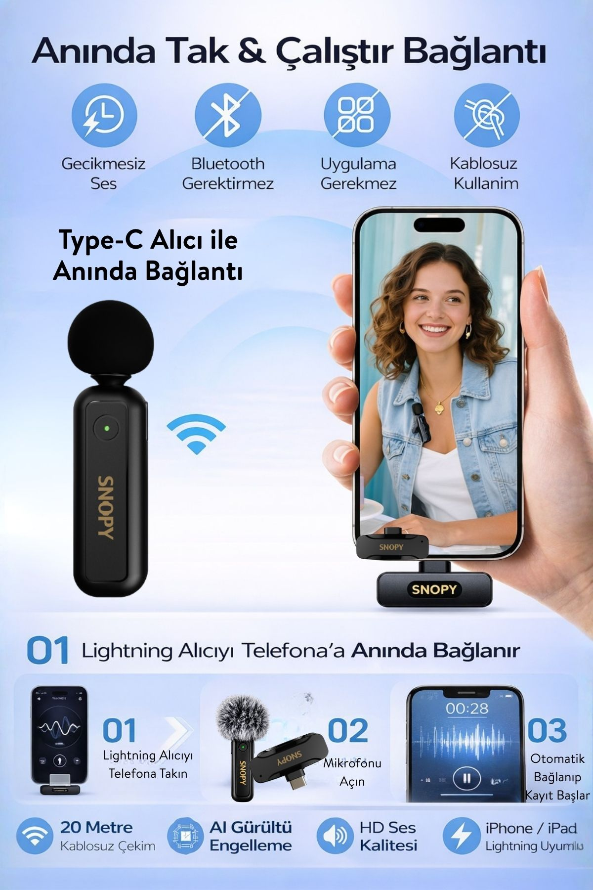 iPhone'lar için Lightning alıcılı kablosuz mikrofon seti, anında kullanıma hazır.