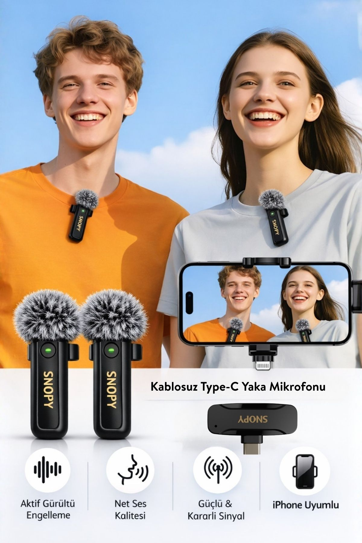 İki gülümseyen genç yaka mikrofonu takıyor. Bir telefon onları gösteriyor.