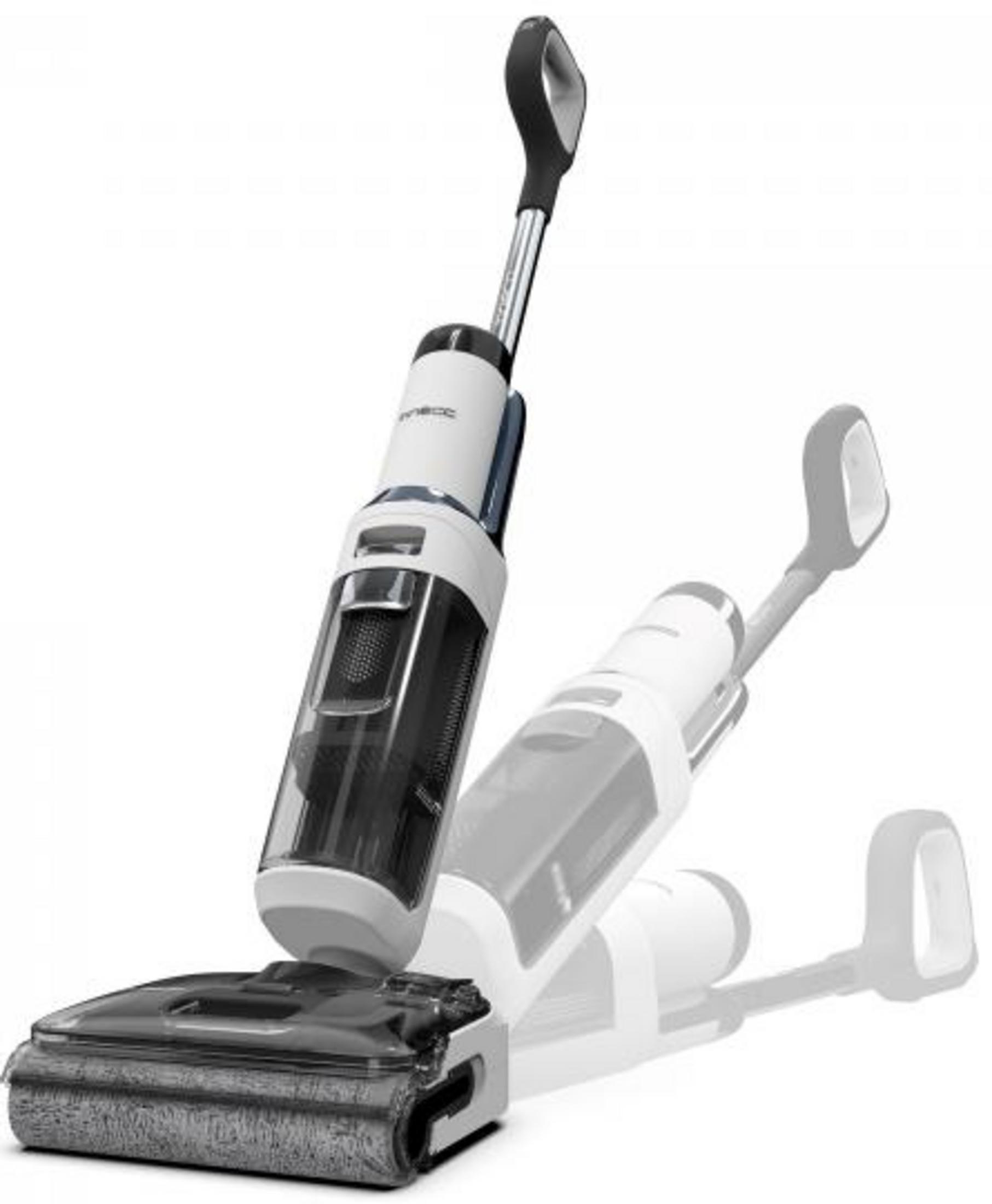 Biały i szary odkurzacz do pracy na mokro/sucho z przezroczystym pojemnikiem na brud.