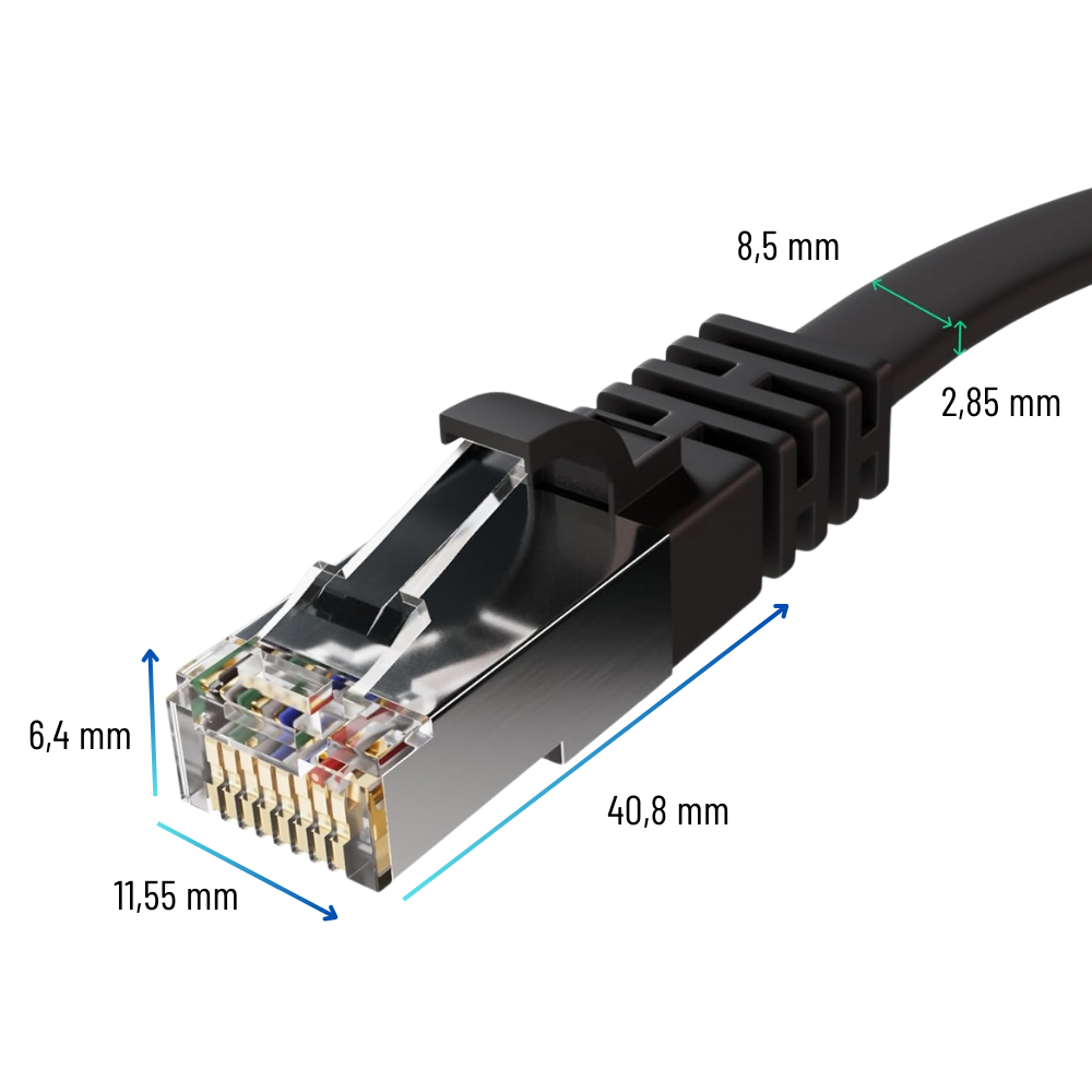 Boyutları belirtilmiş siyah Ethernet kablosunun yakın çekimi.