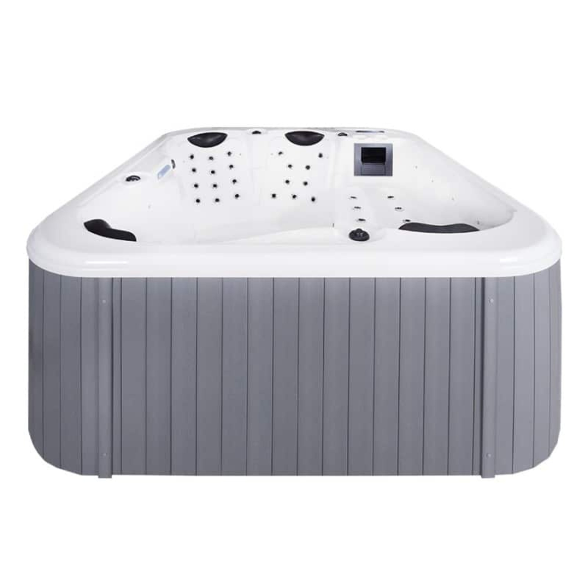 Un jacuzzi blanco con paneles grises y chorros.