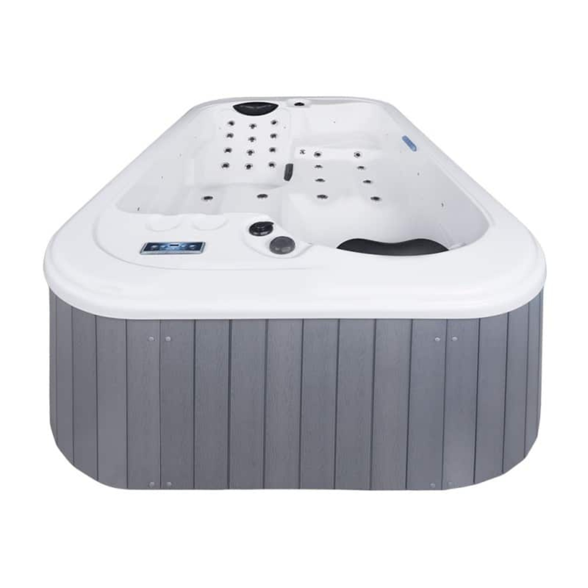 Un jacuzzi blanco con paneles de madera grises y chorros.