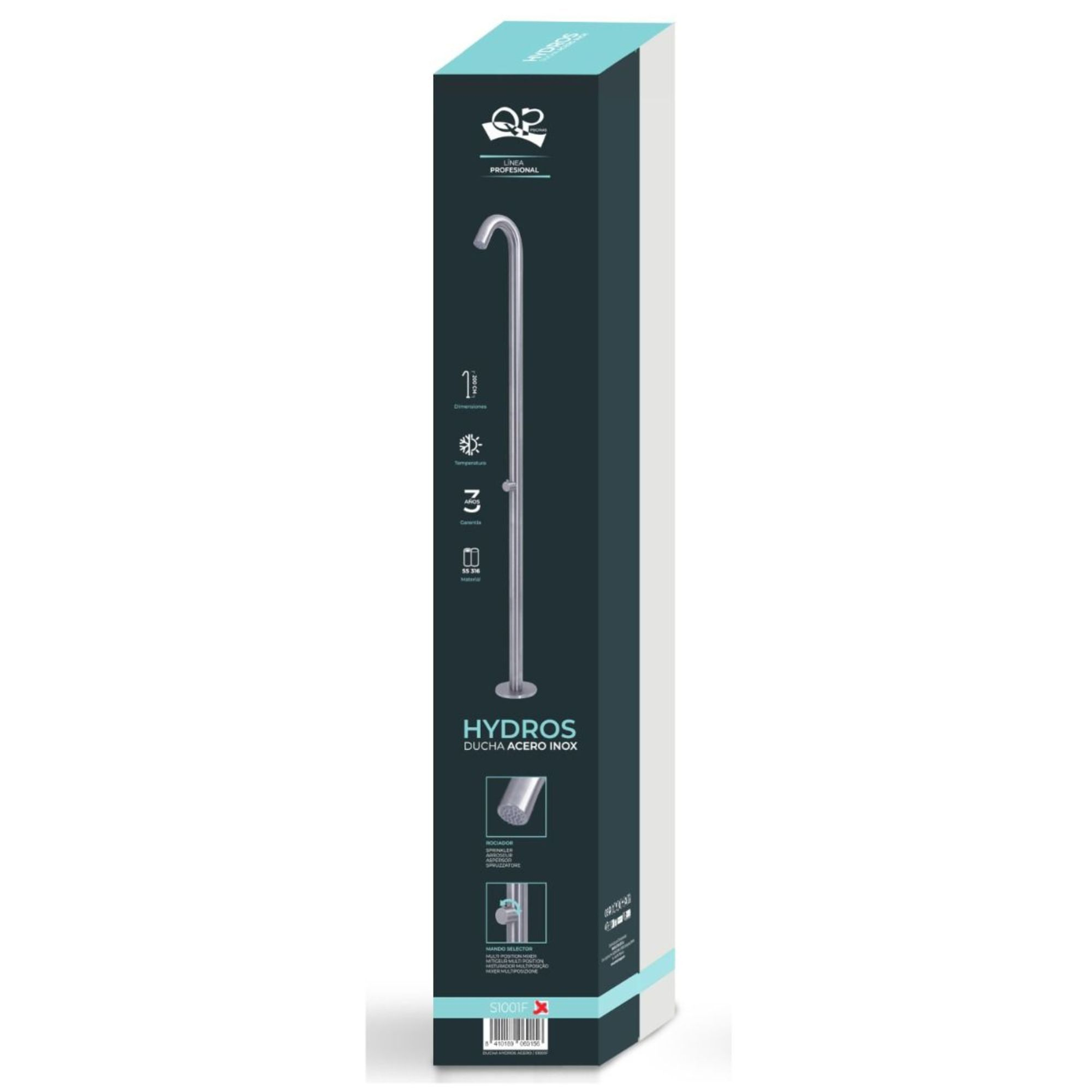 Embalaje de columna de ducha Hydros de acero inoxidable con iconos