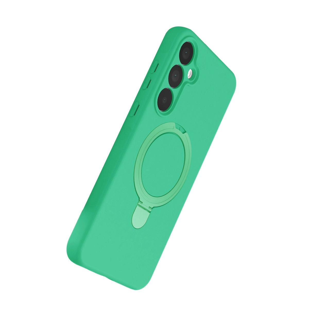 Halka tutuculu ve üç kamera lensli yeşil telefon kılıfı.