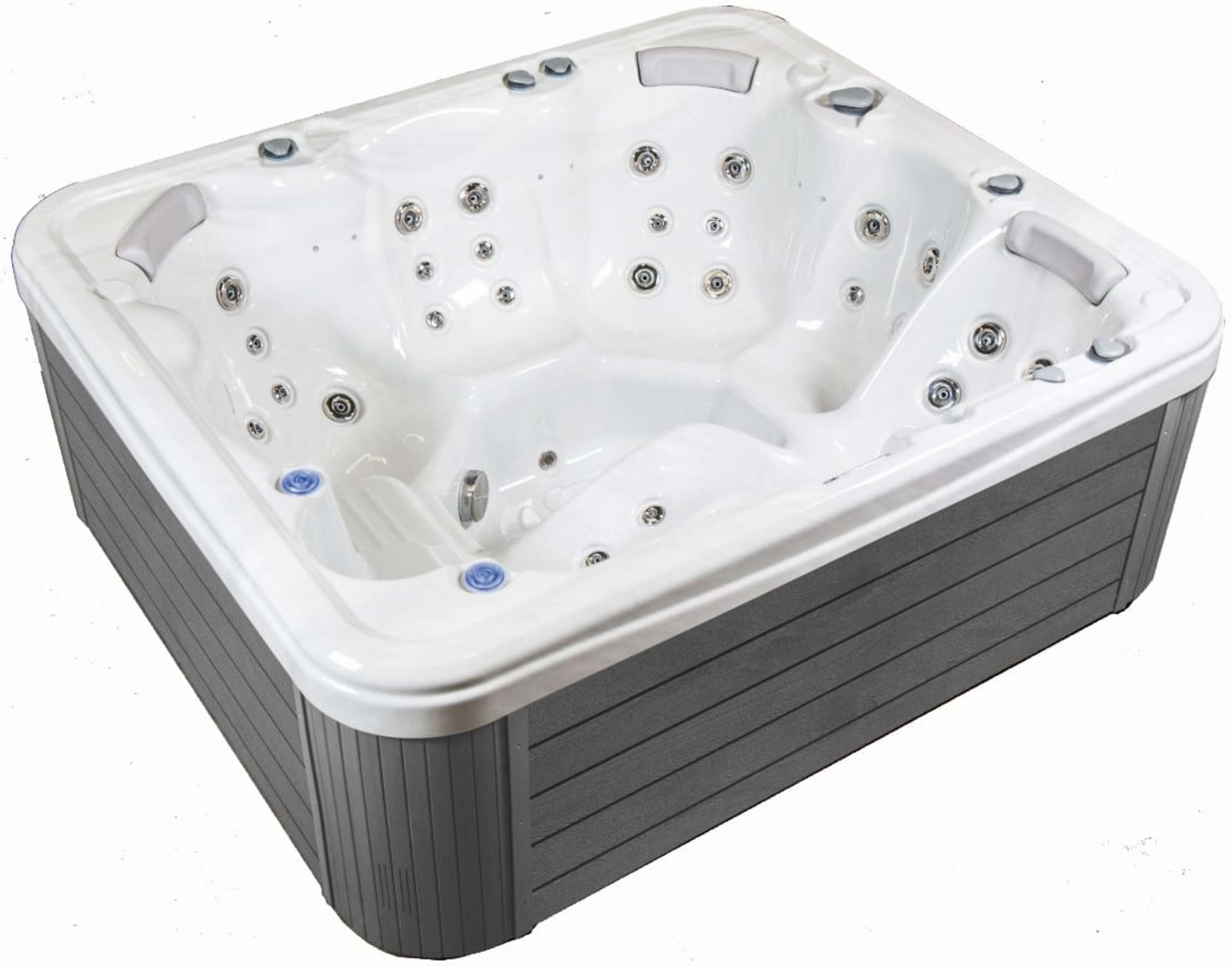 Un jacuzzi blanco con base gris y múltiples chorros.
