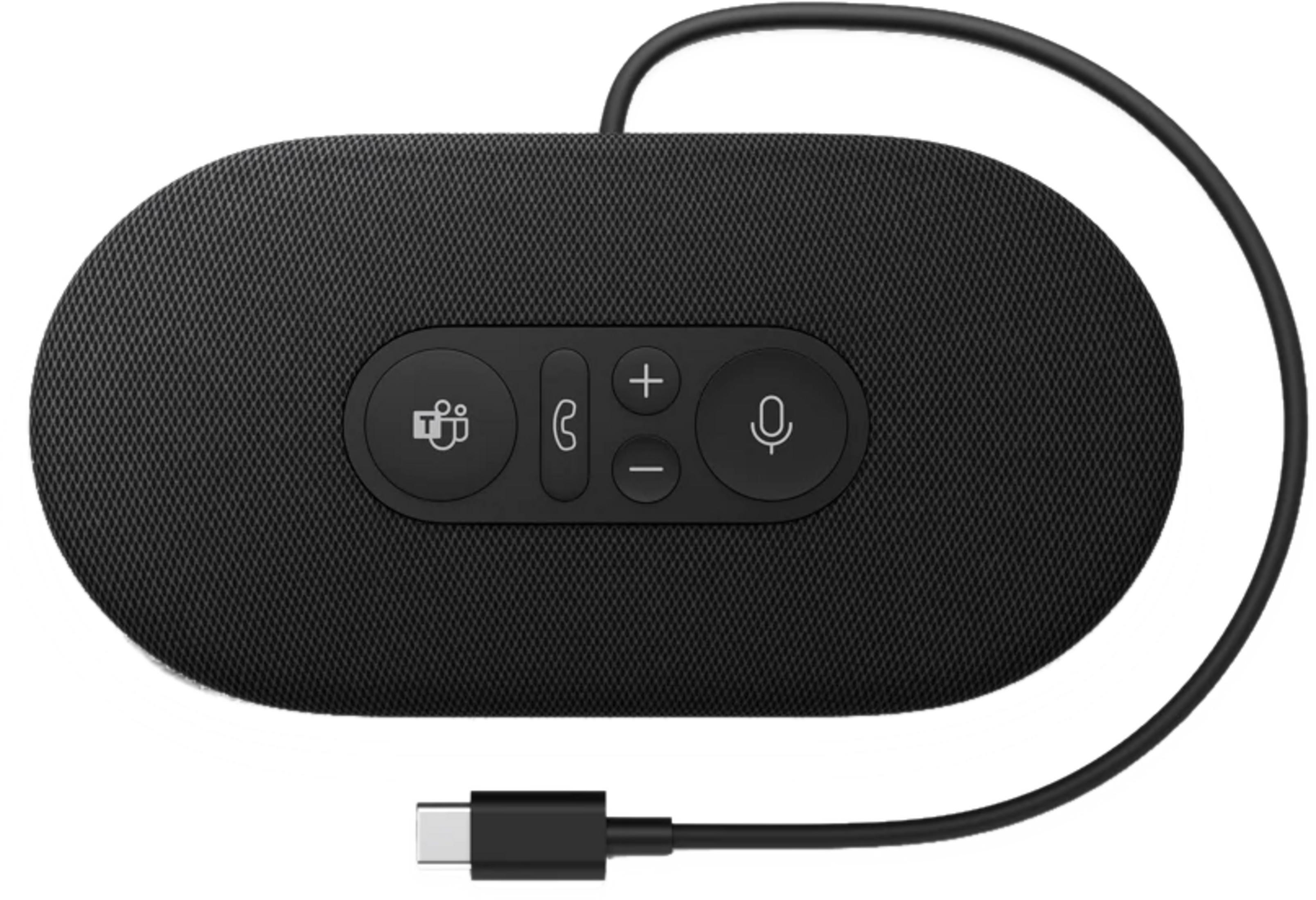 Vivavoce ovale nero con pulsanti e cavo USB-C.