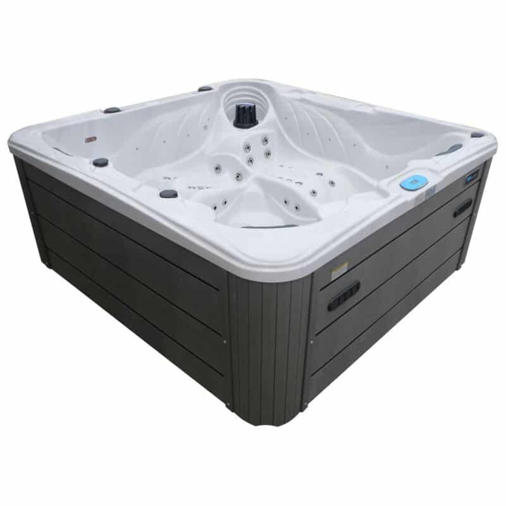 Un jacuzzi rectangular con interior blanco y paneles de aspecto de madera oscura.