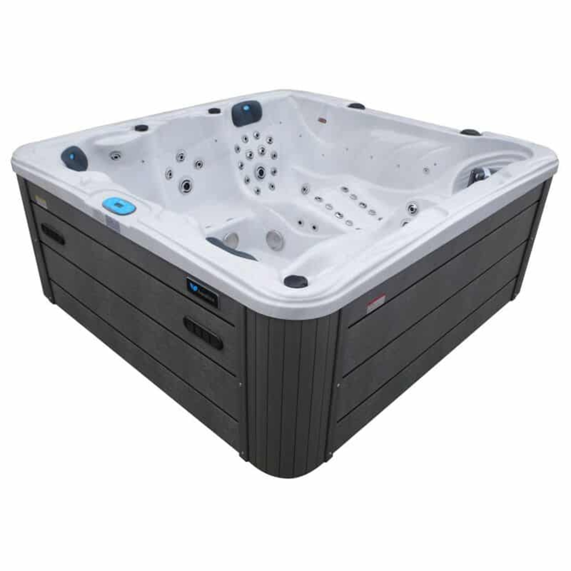 Un jacuzzi blanco con paneles de madera oscura y múltiples chorros.