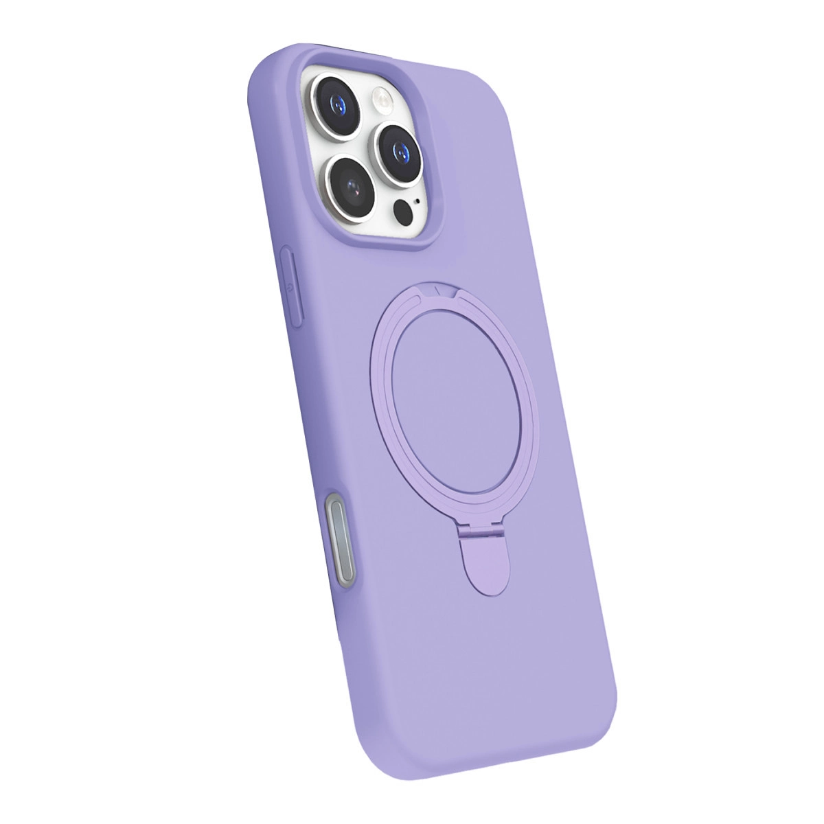 Halka tutuculu ve kamera modüllü açık mor telefon kılıfı.