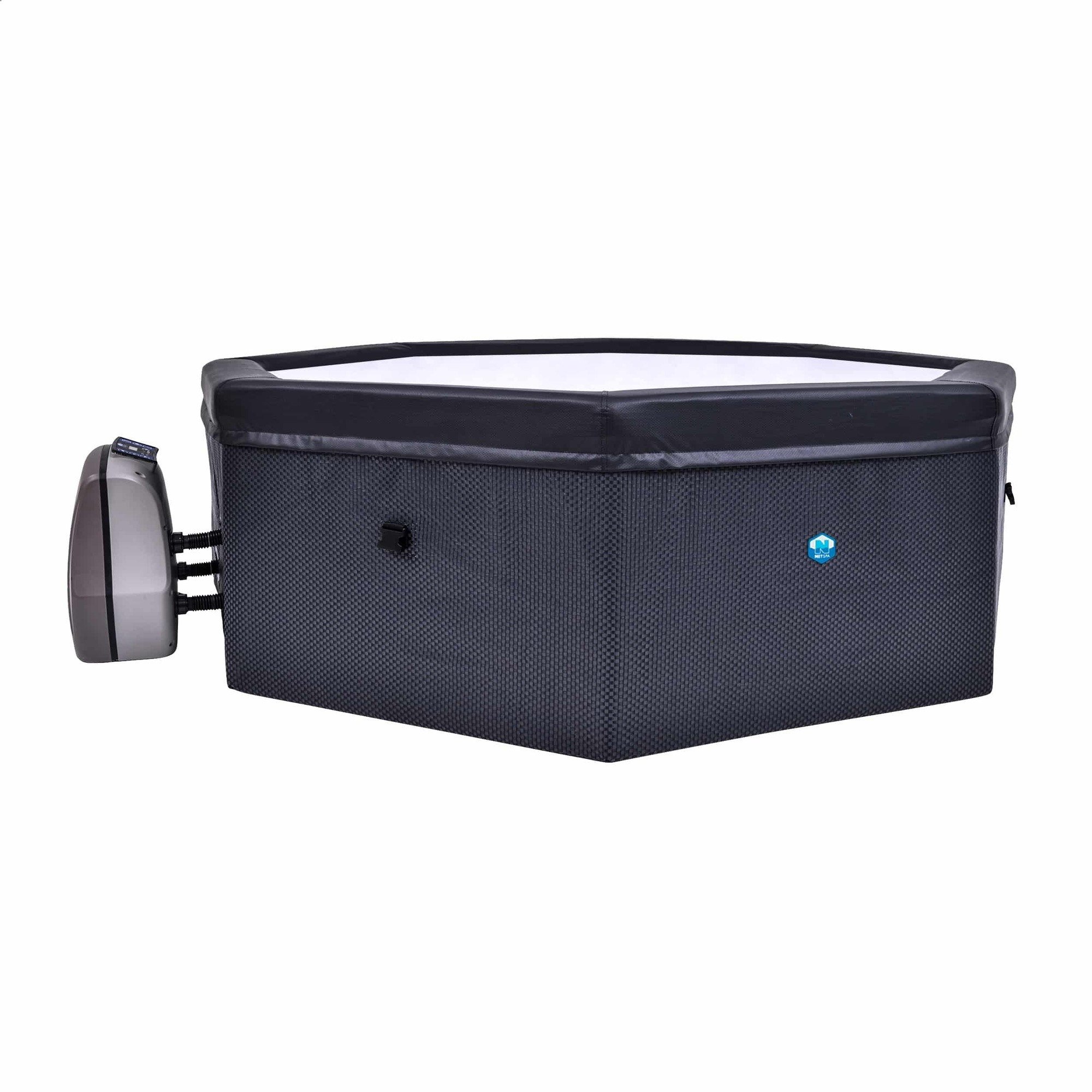 Un jacuzzi inflable con exterior gris y cubierta negra. Se adjunta una unidad de control.