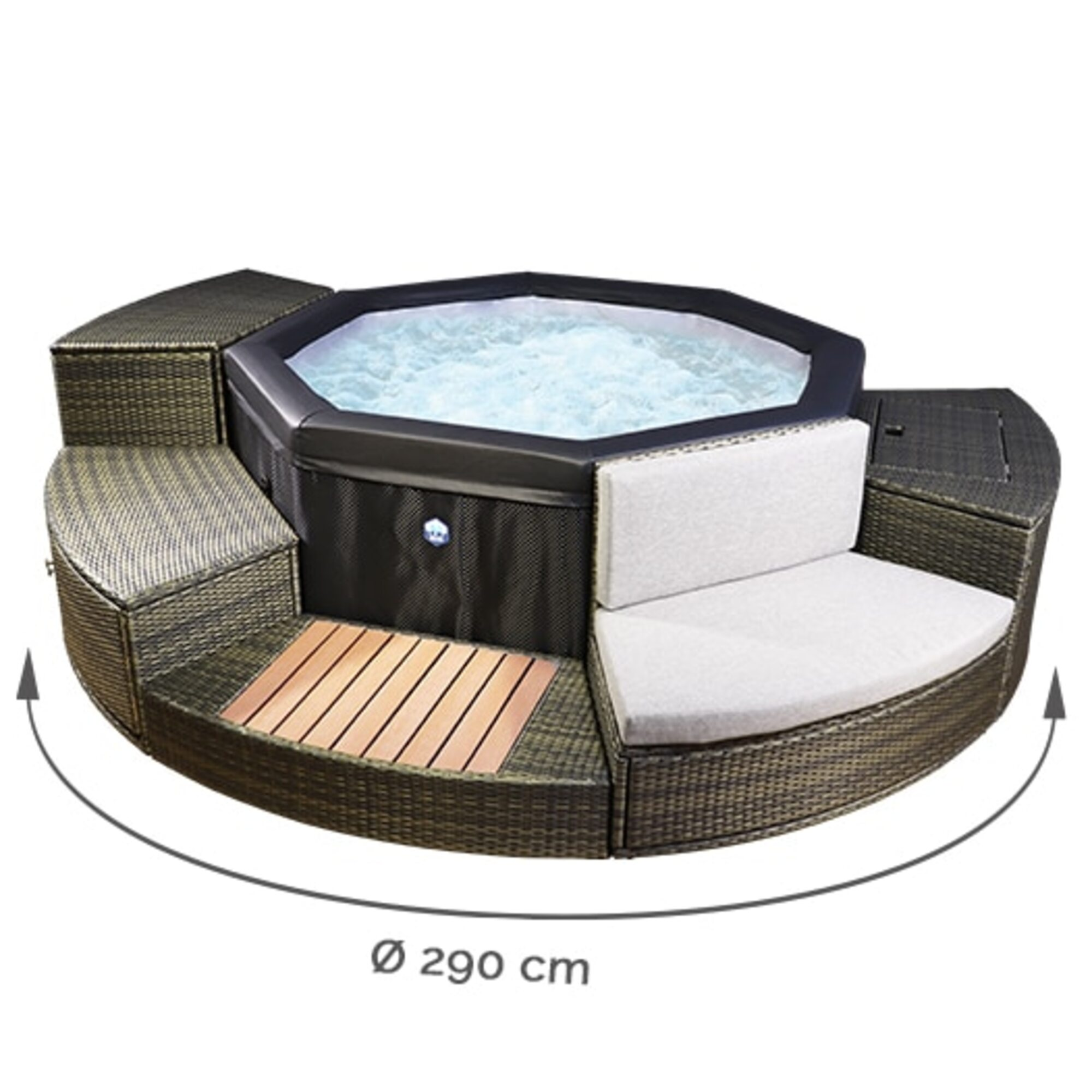 Un jacuzzi inflable con asientos redondos de ratán marrón y cubierta de madera.